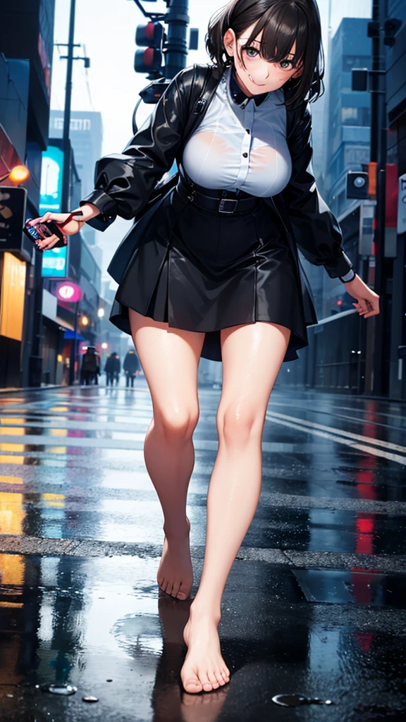 anime、(((City at dusk)))、One Woman、Short Hair、See-through blouse、Blue tight skirt、Hair fluttering in the wind、Full body portrait、Green Hair、Grey high heels、Heavy rain、Soaking wet、