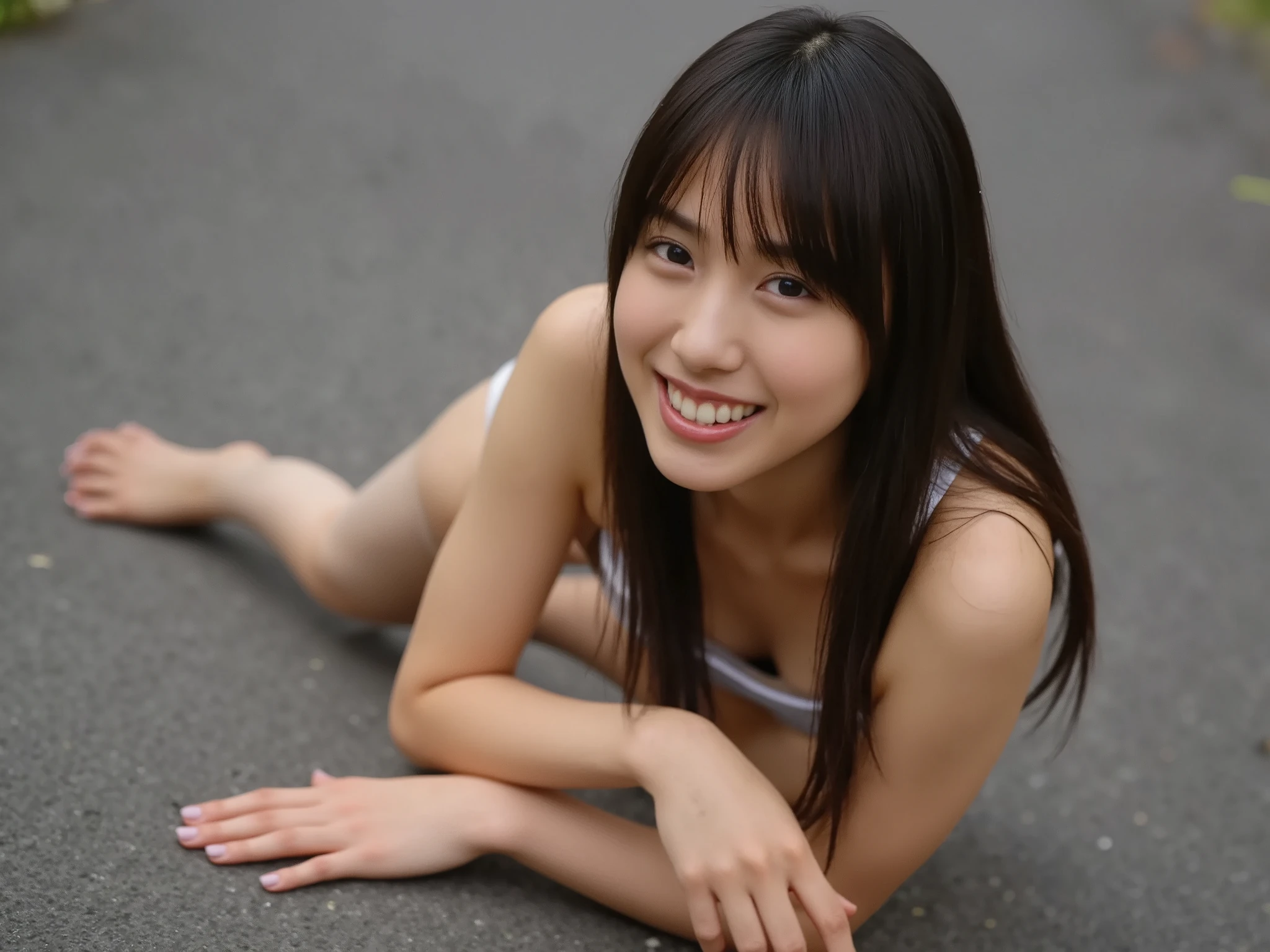  A smiling woman is completely naked and crawling on all fours、I'm posing with my back side down , Whole body expression、  has a monotone background  、
