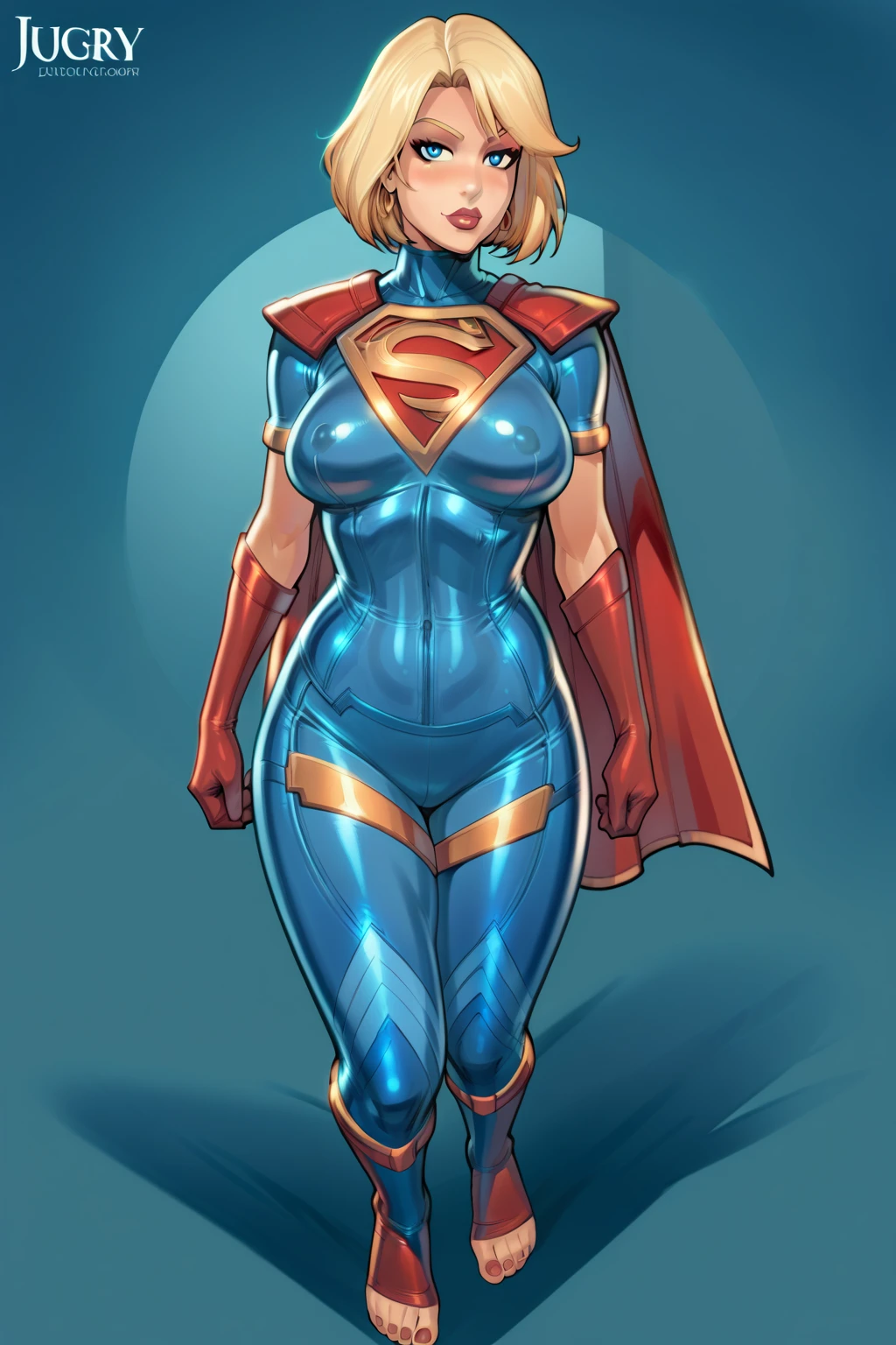 PonyXLV6_Scores BREAK (parody, perfect anatomy, perfect eyes, absurd resolution, cowboy shot) BREAK kara zor-el, blonde hair, short hair, blue eyes, flirting,  bodysuit, superhero, gloves, cape, breasts, toned, athletic, curvy, sexually suggestive pose,reiq art style,wearing stirrup 