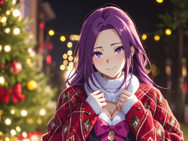 This is soothing topclass-quality, immersive mix between anime and reality of woman named Seira Sodeshiro! She is desirable middle-aged woman. She is from Magicami. She has long loose decorated hair. She has fashionable adult look. She has thick figure. She has sensual, milfy charm. She likes violet colour. She loves sexy, laced clothing. She wears fashionable christmas coat. I am the viewer. She blends seamlessly into beautifully decorated christmas-tree orchard, full of glittering lights. She totally rocks. There is christmas magic. Just us. She has warmed skin.
