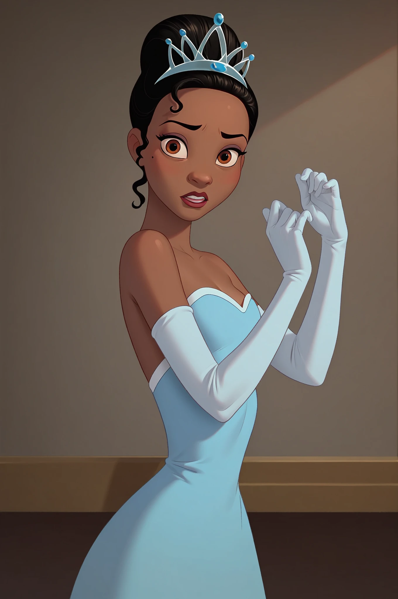 score_9, score_8_up, score_7_up, score_6_up, score_5_up, score_4_up, BREAK, 1girl, Tiana, Disney, dark skin, very dark skin, dark-skinned female, brown eyes, black hair, blue dress, elbow gloves, blue tiara, modeling pose scary room