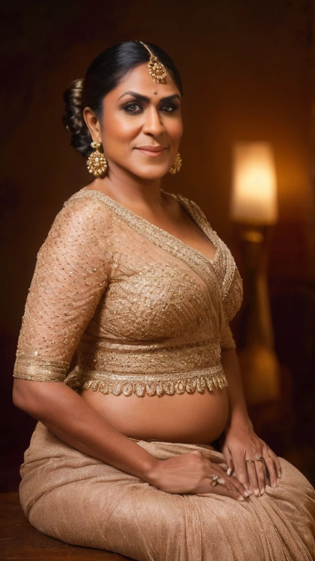 The image is a high-resolution photograph of a close-up, domestic scene with two people. The subject is a middle-aged Indian mother, a woman of Indian descent, with a fair skin tone and well-defined facial structure. She is nude, full-bodied, her hair is neatly pulled into a bun. She accessorizes with simple gold jewelry, including a gold necklace and matching earrings. Her expression is sexy and, seductive, the woman is sitting on a small stool, a young black Nigerian muscular boy is standing behind the woman holding the woman's shoulder as she looks at the viewer, side view image, full-body image, black boy nude, full-bodied, in a tulip garden, the lighting is soft, enhancing the emotional intensity of the moment captured. Full length image, side view only, erotic mature face, having sex, boy and older woman having sex, pregnant belly, her belly is fat and round, (((big breasts))) , (((big ass) ))) , ((((orcasmic)))) , (((mature indian aunty))) , (((big nipple)))
