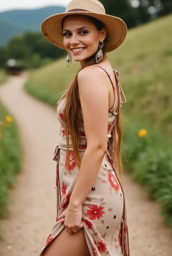 a realistic woman in traditional June festival clothing, with a floral and flared dress, straw hat, boots and freckles, hillbilly