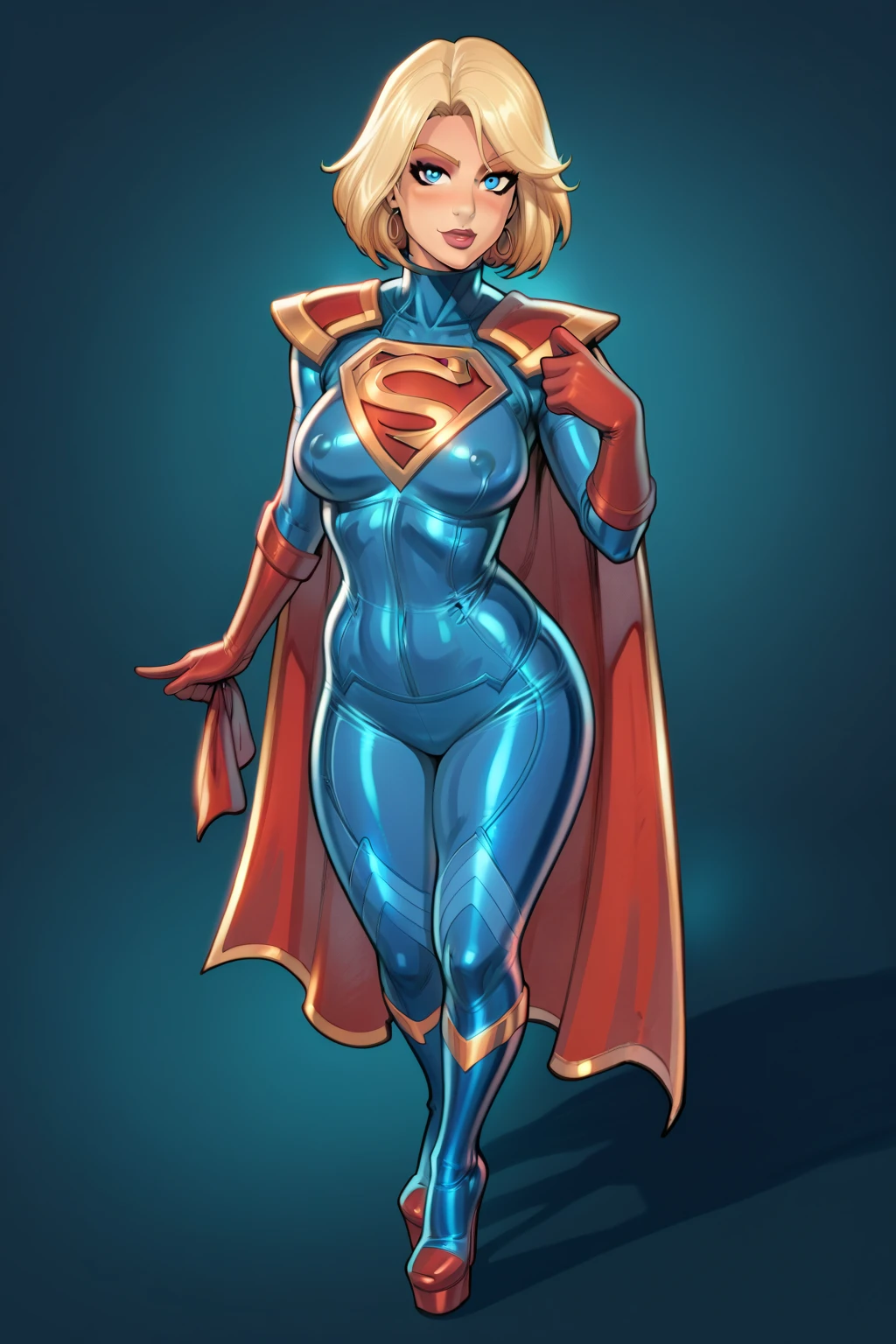 PonyXLV6_Scores BREAK (parody, perfect anatomy, perfect eyes, absurd resolution, cowboy shot) BREAK kara zor-el, blonde hair, short hair, blue eyes, flirting,  bodysuit, superhero, gloves, cape, breasts, toned, athletic, curvy, sexually suggestive pose,reiq art style,wearing platform heels 