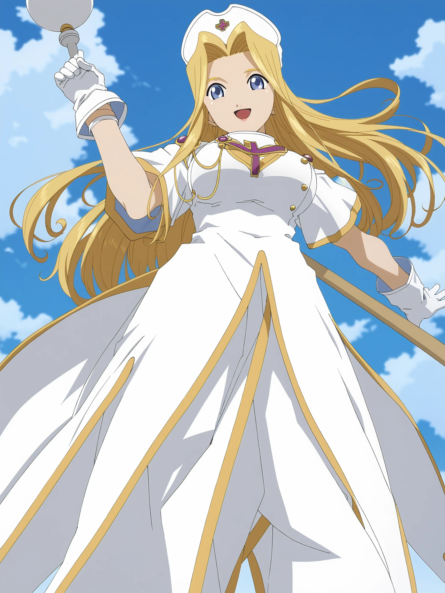 score_9, score_8_ up, score_7_ up,  Source_anime, official art style, (((simple line and color))), (((flat color, Vector))),
(((From below))), (((whole body,  Big Breasts , throw))),
(((open smile))), 

 Watching Viewers ,
Mint base , Blonde,  long hair,  blue eyes,  white gloves, White Hat,  white boots that shoot bows, white dress, zPDXL, zPDXL