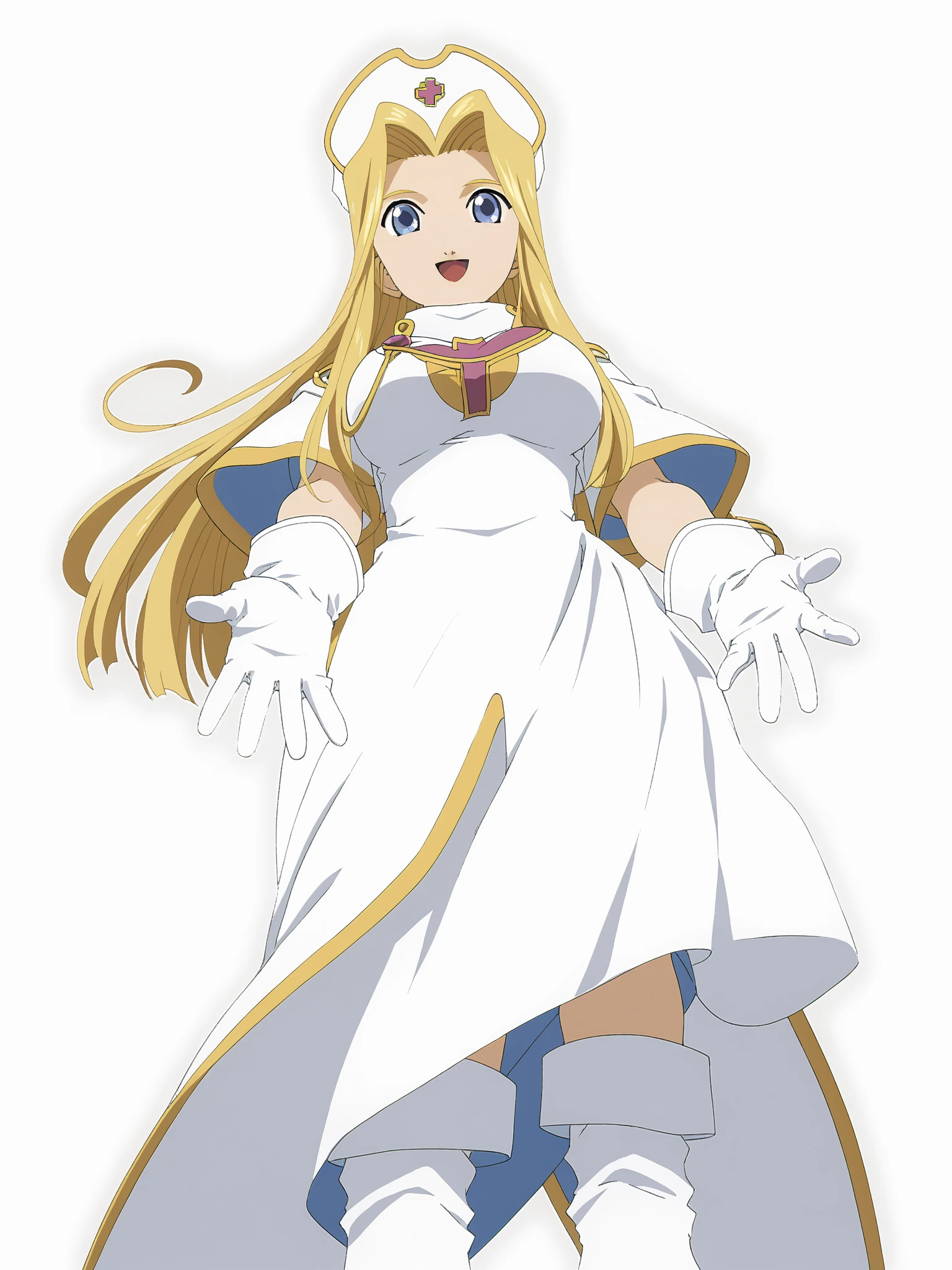 score_9, score_8_ up, score_7_ up,  Source_anime, official art style, (((simple line and color))), (((flat color, Vector))),
(((From below))), (((whole body,  Big Breasts , throw))),
(((open smile))), 

 Watching Viewers ,
Mint base , Blonde,  long hair,  blue eyes,  white gloves, White Hat,  white boots that shoot bows, white dress, zPDXL, zPDXL