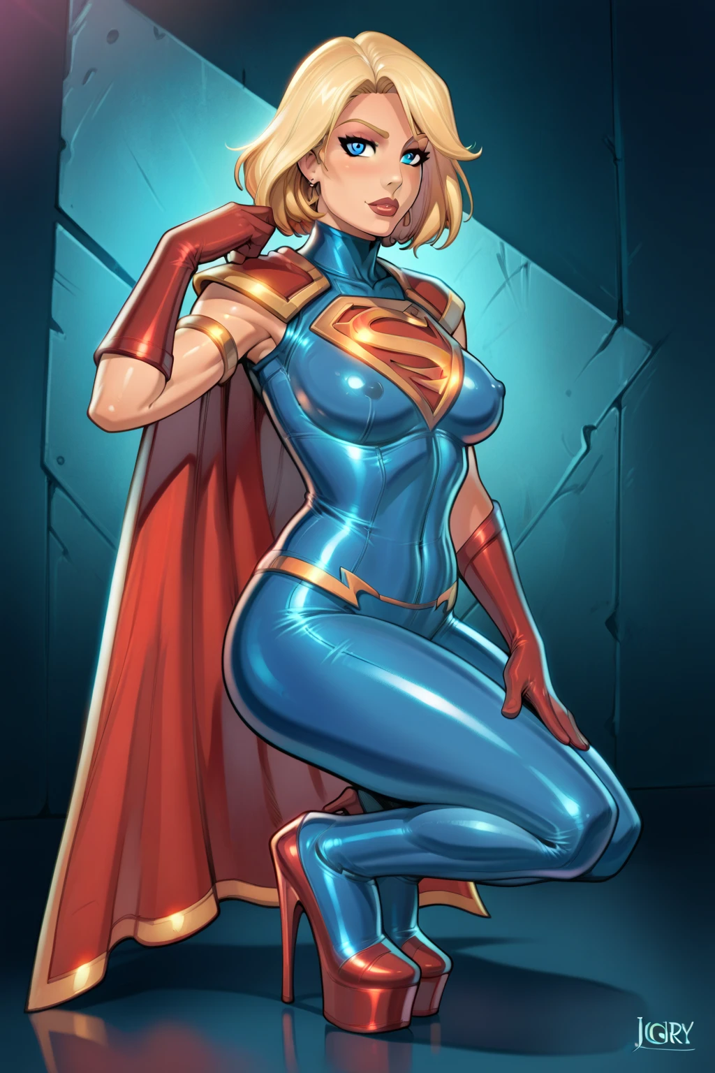 PonyXLV6_Scores BREAK (parody, perfect anatomy, perfect eyes,) BREAK kara zor-el, blonde hair, short hair, blue eyes, flirting,  bodysuit, superhero, gloves, cape, breasts, toned, athletic, curvy, sexually suggestive pose,reiq art style,wearing open platform heels 