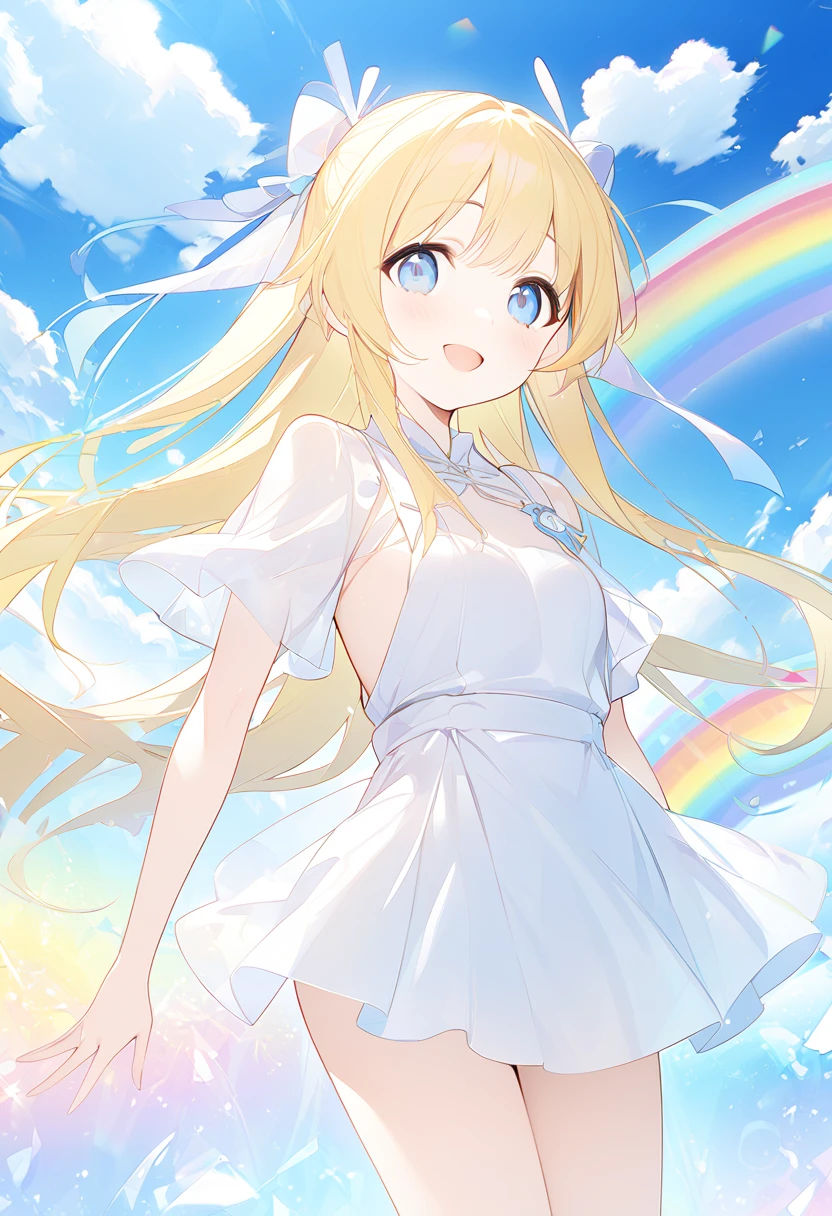  Masterpiece、 very young girl 、 Extremely small bust 、 slender body、Thin legs、 light blue eyes、Bright yellow long hair、feet、 blue sky、rainbow、cloud、 Fun Expressions、smile