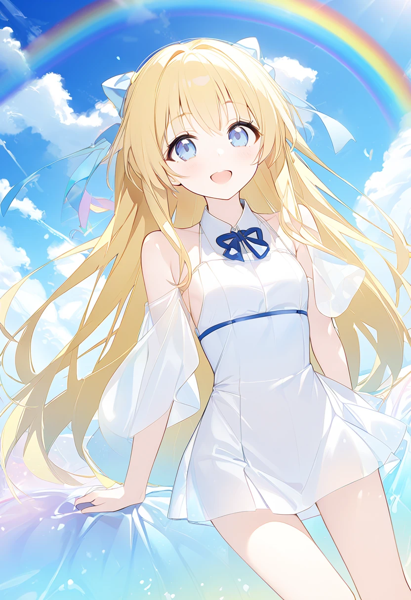  Masterpiece、 very young girl 、 Extremely small bust 、 slender body、Thin legs、 light blue eyes、Bright yellow long hair、feet、 blue sky、rainbow、cloud、 Fun Expressions、smile