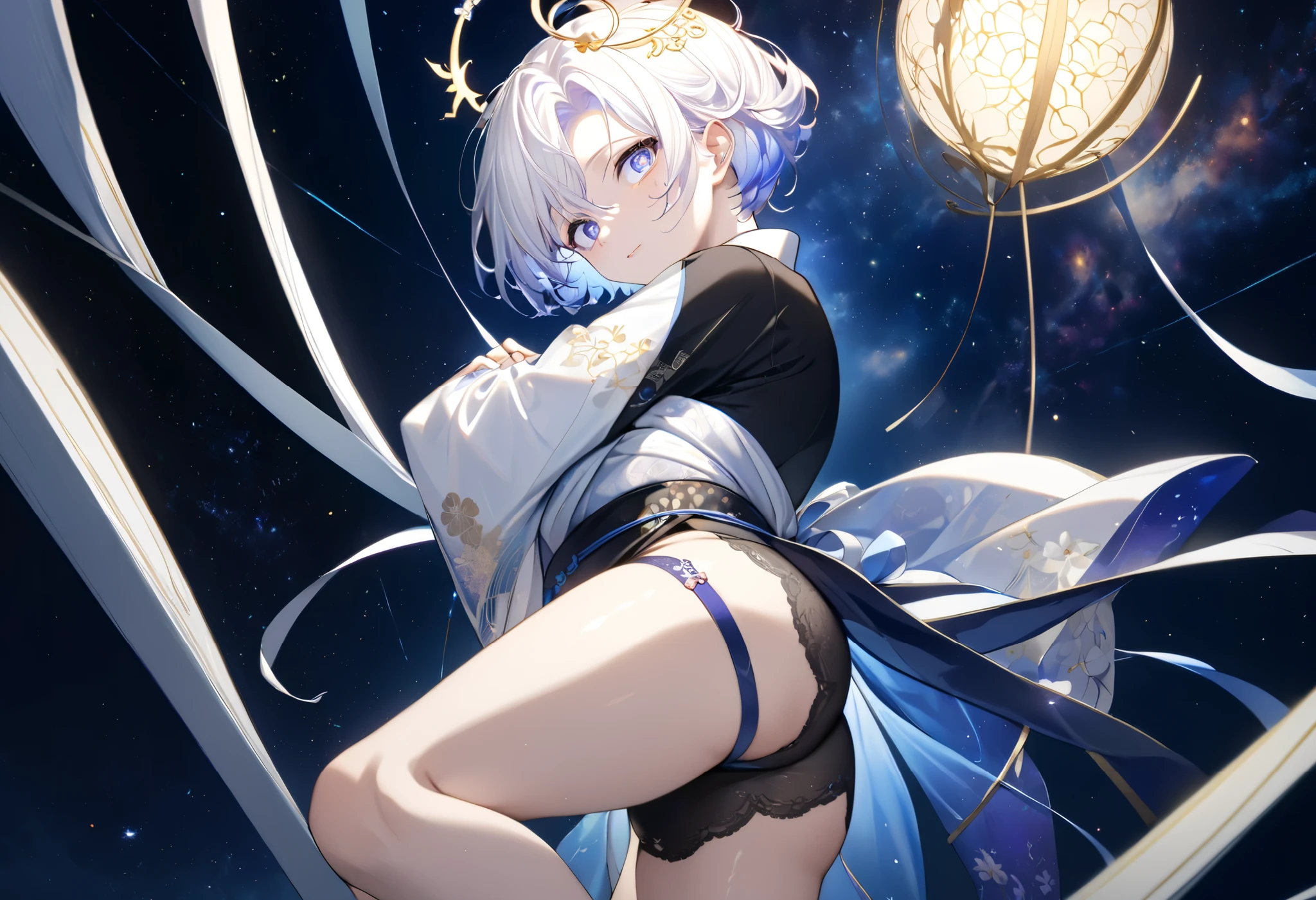 Fresh illustration,
Ultra-fine drawing,
Very delicate illustration,
Very fine details,
One boy,
Full body,
Height 158cm,
Fair skin,
Right eye is purple,
Left eye is blue,
Odd eyes,
Heterochromie iris,
Beautiful eyes,
Large black pupils,
Cleanly cut hairstyle,
Slicked back hairstyle,
Short hair,
Shiny hair,
Blue roots and white hair elsewhere,
Hair with a gradient,
Cute face,
Pretty face,
Shiny halo on the back of the head,
Raised eyebrows,
Upper body in kimono,
Upper body in traditional Japanese clothing,
Masculine build,
Six pack,
Very small breasts,
No breasts,
Lower body in Chinese dress,
Black obi,
Overall white clothes,
Tasteful embroidery with gold thread,
Clothes with a high-quality texture,
Jock straps,
Thigh straps,
Thigh straps digging into skin,
White long boots,
Japanese style toes,
Five fingers on hands and feet,
Thin waist,
Thin legs,
Isometric,
Golden ratio,
Divine atmosphere,
Wearing an indigo-colored stand-up collared inner,
Outer space,
Galaxy,
Countless small stars,
Tactical use of shadows,
Free pose,
Sexy pose,
Exposing skin,
Erotic pose,
Adult pose,
Lewd appearance,
Looking at camera,
Buttocks facing camera,
Pervert,
See-through clothes,