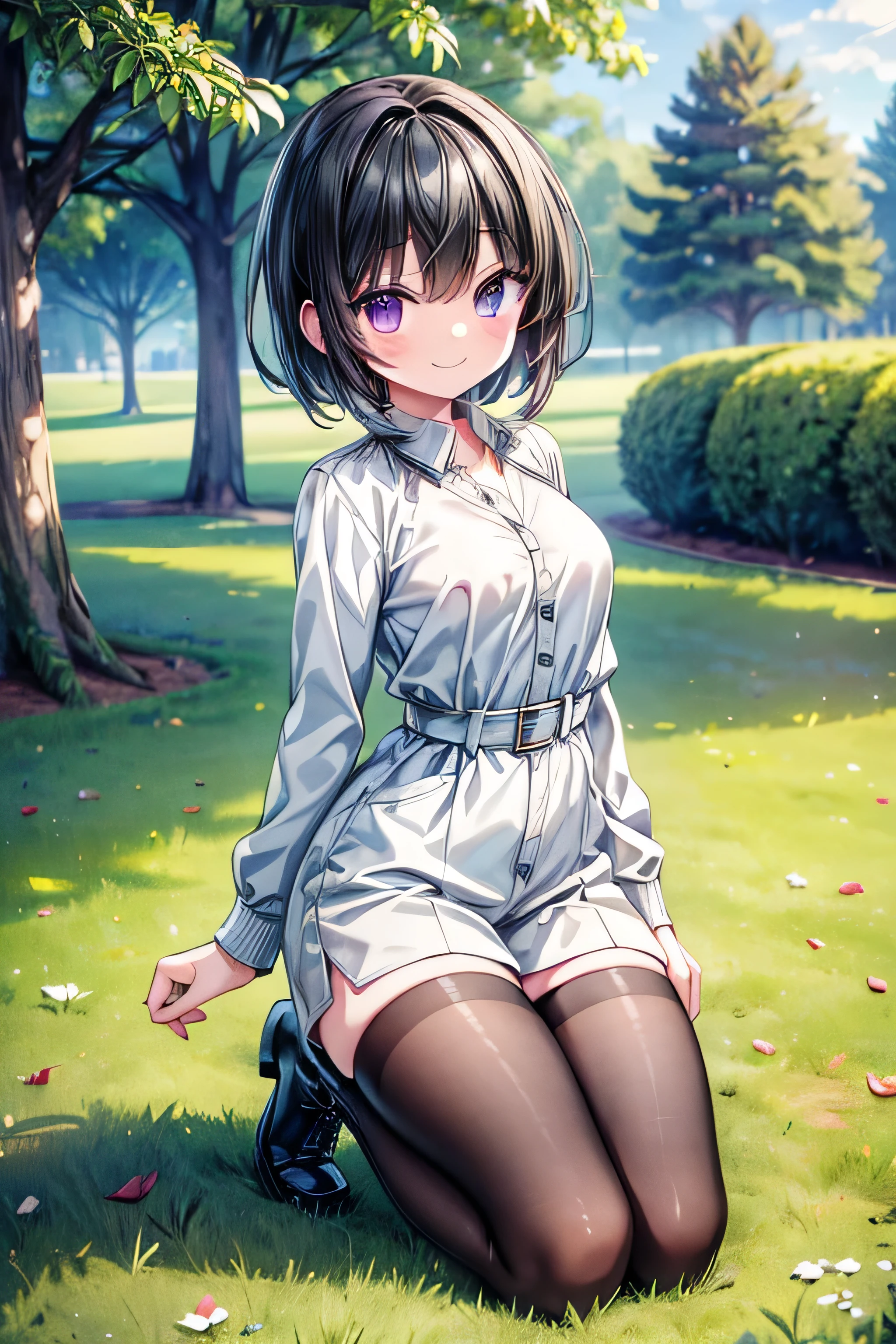 kawaii a beauty girl A blue-haired short-haired bob cuts fluffy hair light green eyes ((Black sweater)) turtle neck long-sleeve Moe Sleeve Pants stockings Brown boots Flower Garden ((high-level image quality hightquality ultra-detailliert 8K)) Only 1 person ssmile 1 girl in Detailed and delicate face Ruffled skirt beautiful and delicate eyes Fine details amaryllis ((Anime-like illustrations)) High school students Medium chest kawaii pose teak Cute clothes Garden Sitting on the ground Black hairpin maidennurse Embarrassed expression