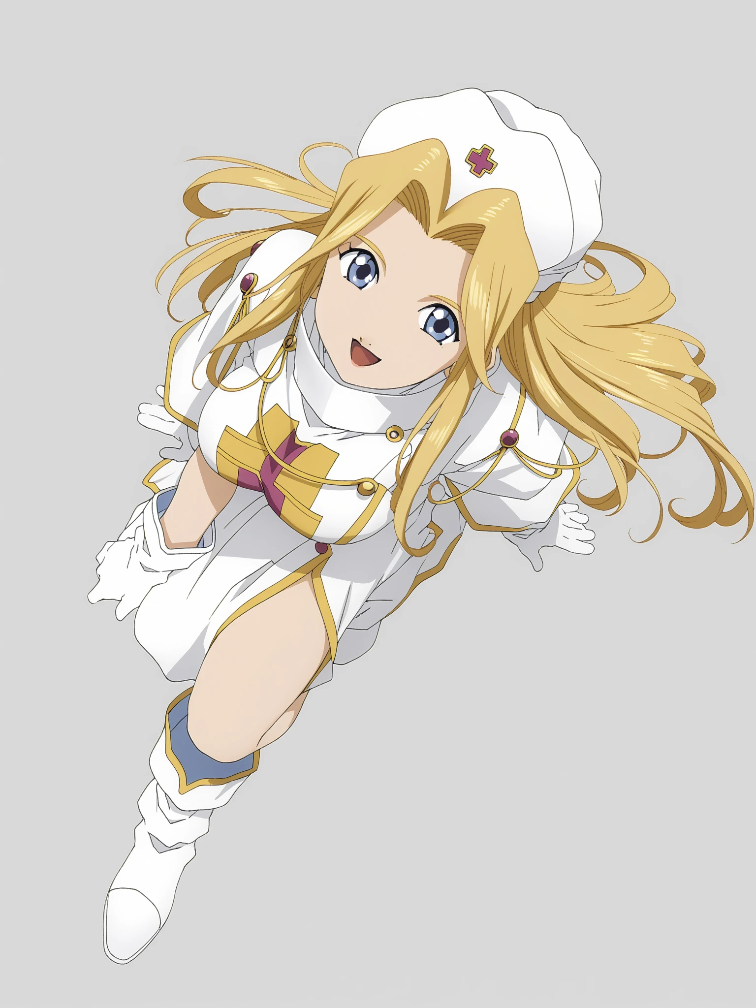 score_9, score_8_ up, score_7_ up,  Source_anime, official art style, (((simple line and color))), (((flat color, Vector))),
((( from above))), (((whole body,  Big Breasts , throw))),
(((open smile))), 

 Watching Viewers ,
Mint base , Blonde,  long hair,  blue eyes,  white gloves, White Hat,  white boots that shoot bows, white dress, zPDXL, zPDXL