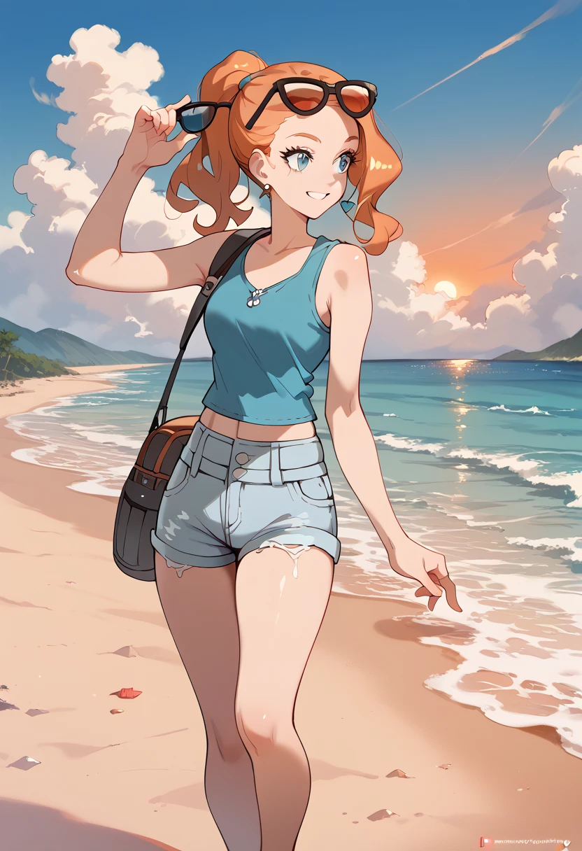 masterpiece, high definition , top quality,8k
(Sonya,orange Hair, blue Eyes )
(Blue tank top, jean shorts, bare feet)
Waiving one arm, sunglasses over the head, beach, sunset, walking on the sand, smiling