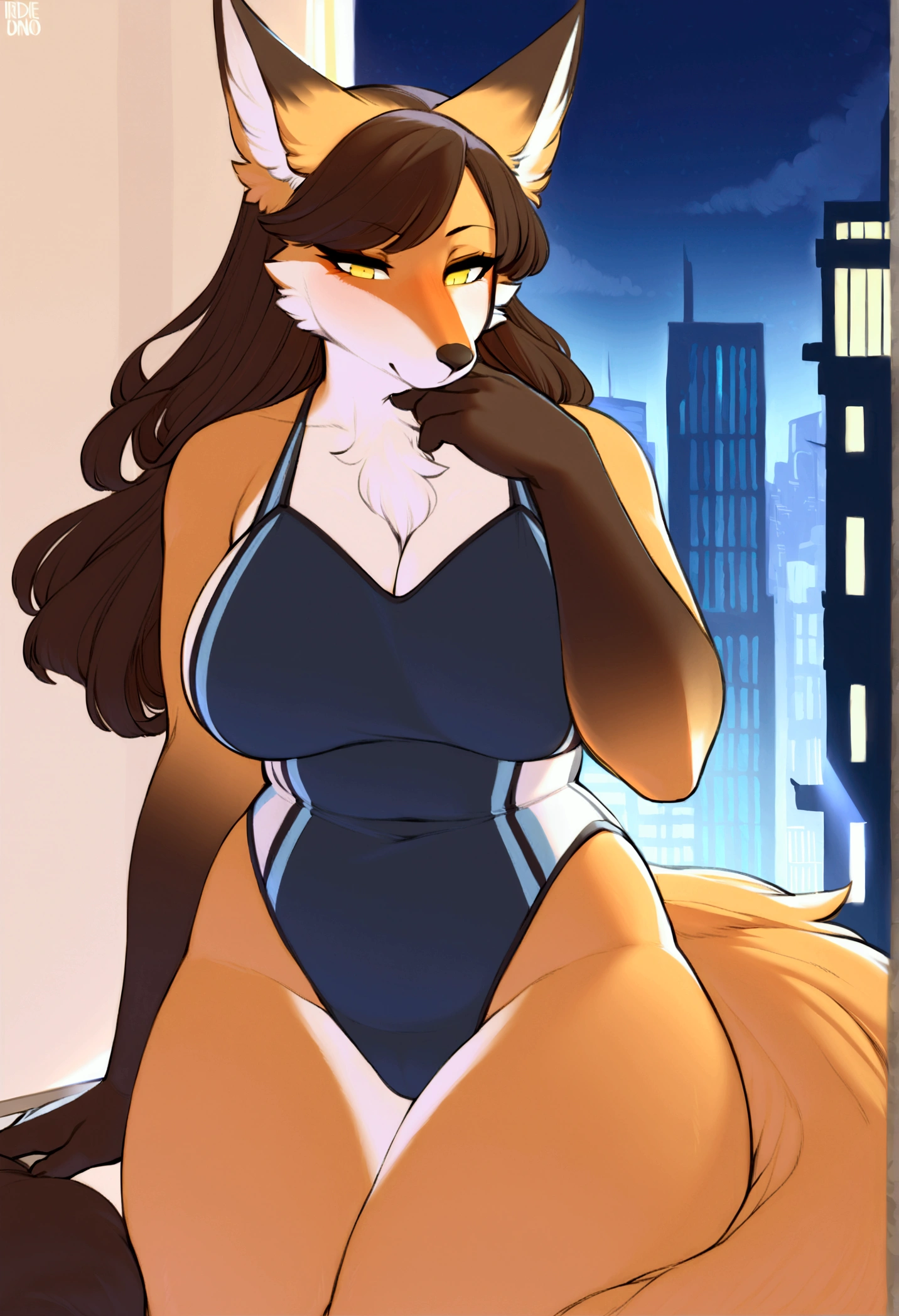 (top quality, best quality, Iriedono, High-quality illustrations, masterpiece, perfect artwork, cinematic light and shading, 16k, 1080p, uploaded on e621)(kemono, furry, anthro, alone), 1 mature female, 1 milf, (very detailed body, face, tail, arms, hands, legs, head and eyes), fox, Kosaka Wakamo, (Blue Archive), big breasts, thick thighs, fur, fluffy, fox ears, fox fluffy tail, perfect eyes, yellow eyes, beautiful battle one-piece swimsuit, night city, body movement, body twitching, jiggle physics,