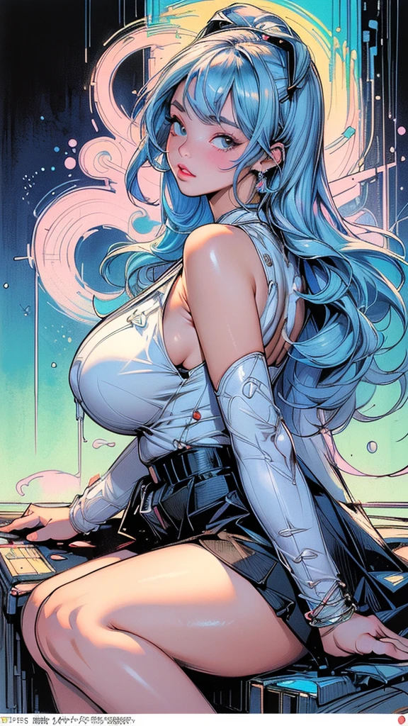 A glorious sunrise,stars, heart,  Spectrum Rainbow, Background, in chic lavender white mint hair,  pastel, mixed-language_SMS, (beautiful and clear background:1.2),, fantastic paintings , High detail eye lace, Long pigtails, braid,  cosmos, galaxy, Long Hair, cool hairstyle, Plant flora,  Loving, Love, ultra detailed hair, Best Quality, hig quality, high-resolution, detail enhancement, ((most beautiful image in the world)), Masterpiece, Best Quality, High Quality Detail Enhancement, ((most beautiful image ), Shiny hair, ultra chic dress print, Stampa Flores,  tights in a mesh,,  art by stjepan sejic, art by j scott campbell, art by guillem march, art by citemer liu, 4k, high-resolution, comic book character, comic, high quality detailed,   style of ::2.0 comix illustration style,tatoon style, hig quality, high-resolution, detail enhancement, 8K, HD, Best Quality, hig quality, high-resolution, detail enhancement, 8K, HDR, Sharp focus, Ultra Detailed, Perfect lighting, Curvy Body, Lush breasts, Curvy hips, Sits