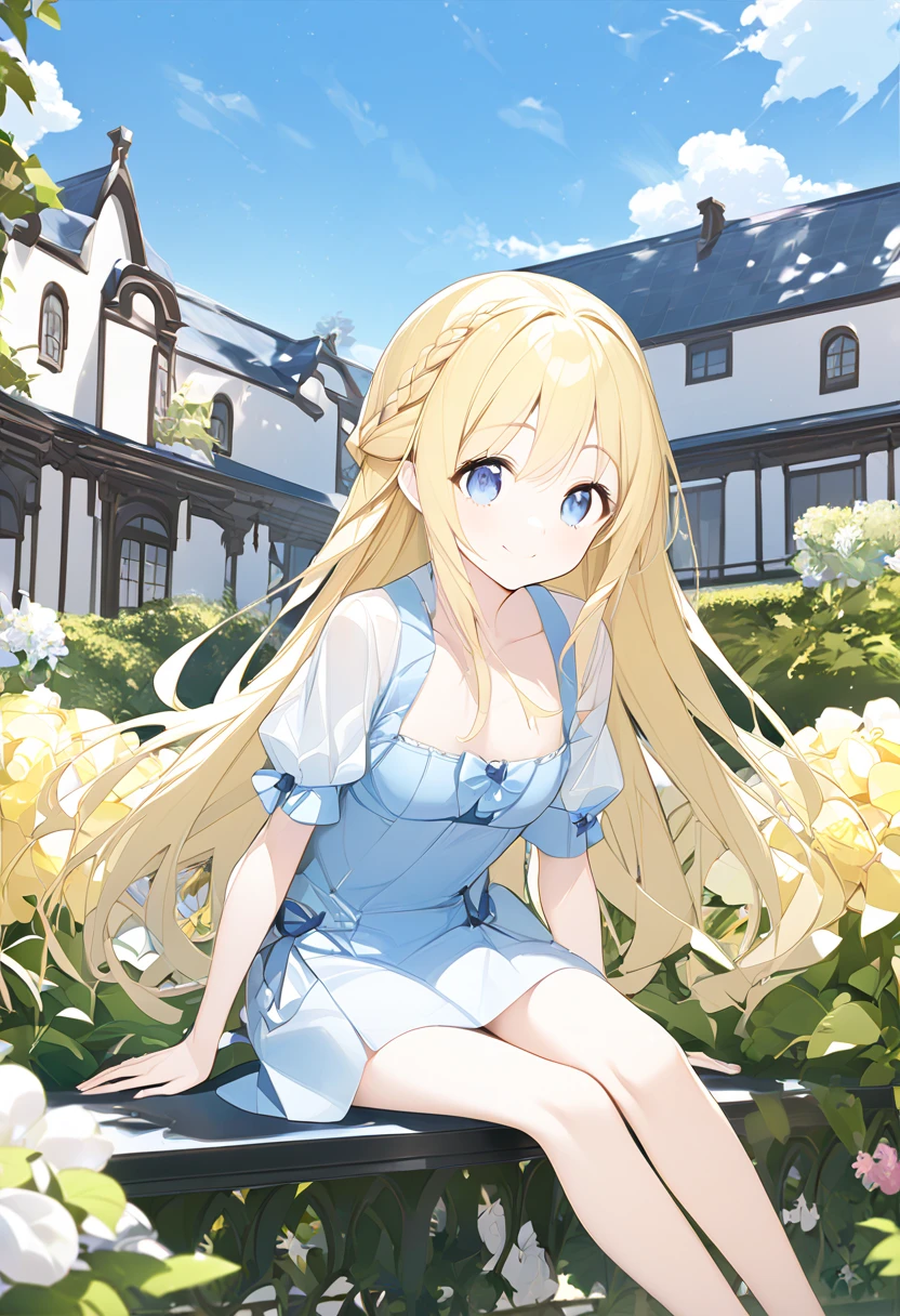  Masterpiece、 very young girl 、 Extremely small bust 、 slender body、Thin legs、 light blue eyes、Bright yellow long hair、 braid long hair、Light blue clothes、feet、 blue sky、 Mansion garden、Fun Expressions、smile