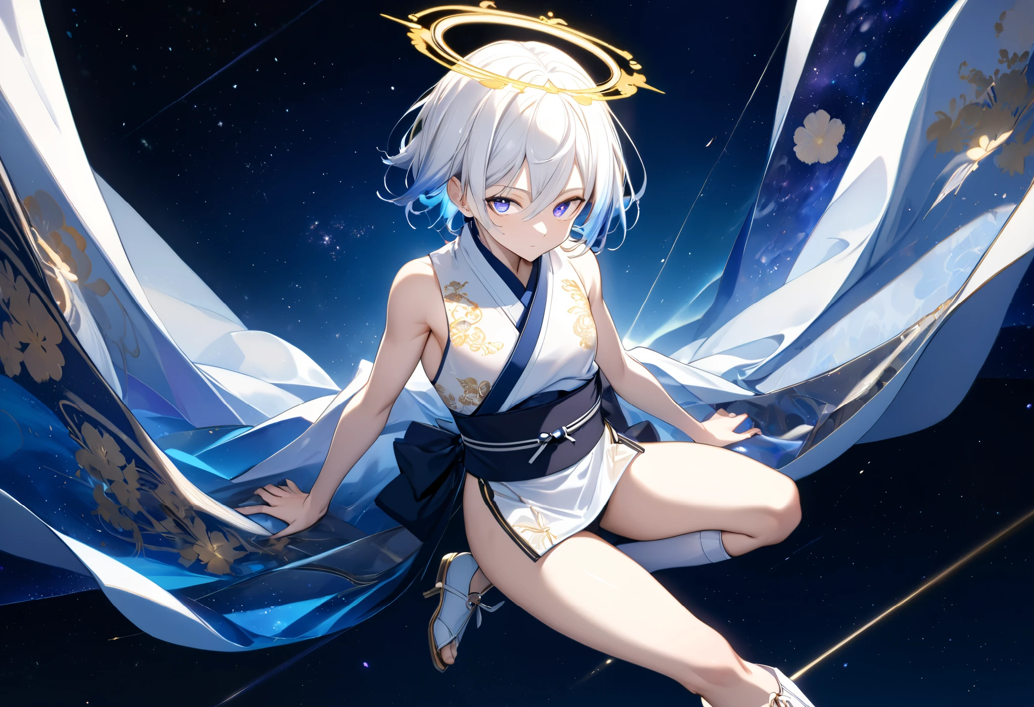 Fresh illustration,
Ultra-fine drawing,
Very delicate illustration,
Very fine details,
One boy,
Full body,
Height 158cm,
Fair skin,
Right eye is purple,
Left eye is blue,
Odd eyes,
Heterochromie iris,
Beautiful eyes,
Large black pupils,
Cleanly cut hairstyle,
Slicked back hairstyle,
Short hair,
Shiny hair,
Blue roots and white hair elsewhere,
Hair with a gradient,
Cute face,
Pretty face,
Shiny halo on the back of the head,
Raised eyebrows,
Upper body in kimono,
Upper body in traditional Japanese clothing,
Masculine build,
Six pack,
Very small breasts,
No breasts,
Lower body in Chinese dress,
Black obi,
Overall white clothes,
Tasteful embroidery with gold thread,
Clothes with a high-quality texture,
Jock straps,
Thigh straps,
Thigh straps digging into skin,
White long boots,
Japanese style toes,
Five fingers on hands and feet,
Thin waist,
Thin legs,
Isometric,
Golden ratio,
Divine atmosphere,
Wearing an indigo-colored stand-up collared inner,
Outer space,
Galaxy,
Countless small stars,
Tactical use of shadows,
Free pose,
Sexy pose,
Exposing skin,
Erotic pose,
Adult pose,
Lewd appearance,
Looking at camera,
Buttocks facing camera,
Pervert,
See-through clothes,