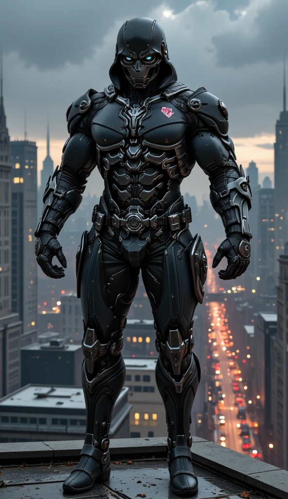 A full-body image of a muscular adult male.black leather full-body image 、and hood, Close-up of a hooded person in invisible armor . wears leather armor, Tights.epic ninja suit, rogue.Leather fit to cover the whole body. smooth leather .Boy age Assassin , stealth suit , cyberpunk assassin , stand on the roof of a skyscraper. . black night . Dark atmosphere .Low light.Weak lights cast dramatic shadows. Weird cyberpunk atmosphere . cyberpunk city.Futuristic tech style,robot,mecha skin,latex bodysuit .whole body image.手持複合式機械巨弓