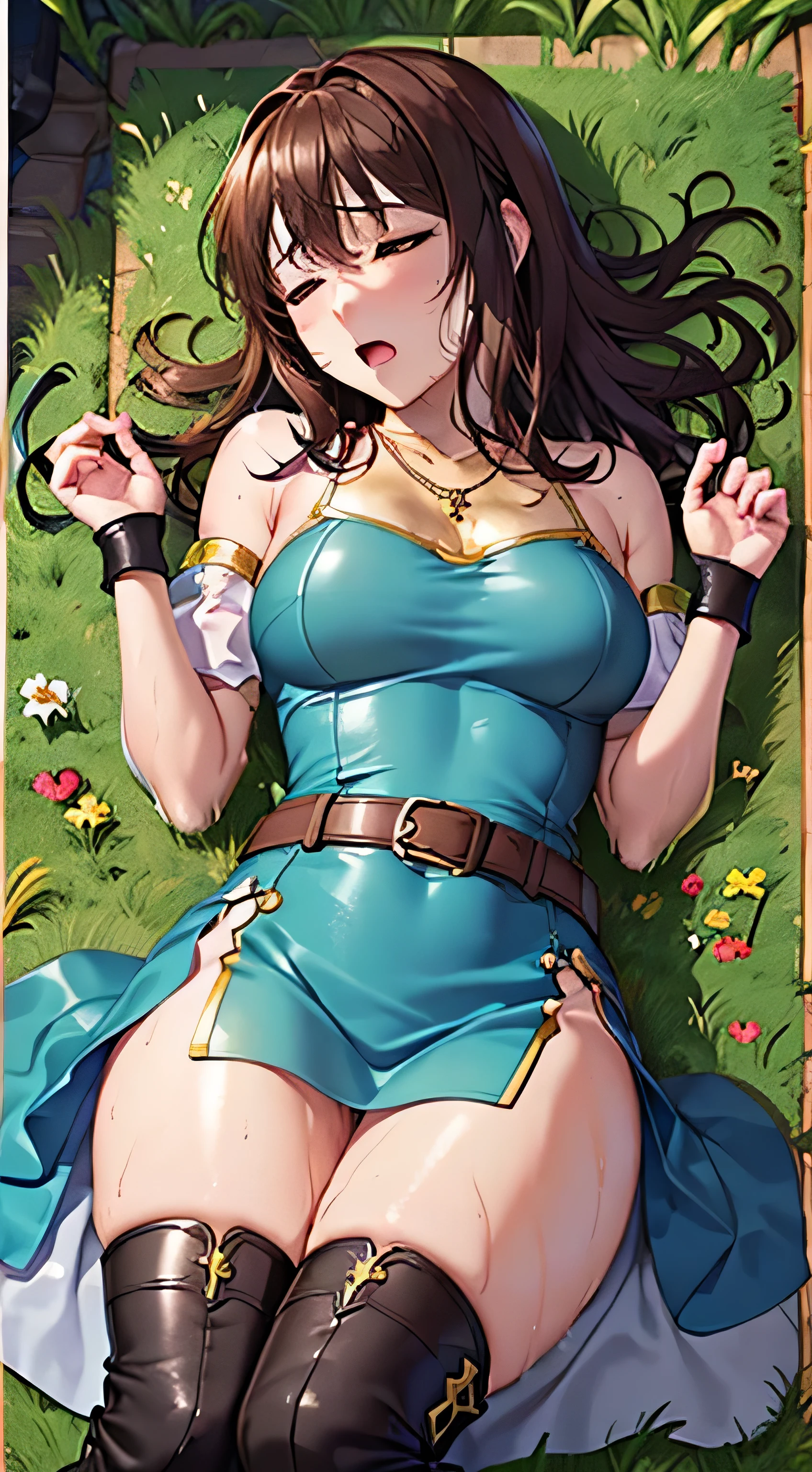 from above, 1girl, beautiful idol, 1boy, penis, paizuri, penis between the breasts, breasts squeeze together, wet penis, pubic hair, cleavage, sleeveless, sweaty, brown hair, twintails, green eyes, smile, outdoors, large breasts