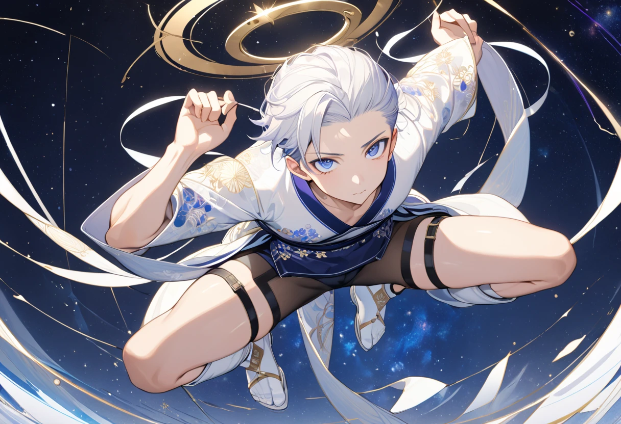 Fresh illustration,
Ultra-fine drawing,
Very delicate illustration,
Very fine details,
One boy,
Full body,
Height 158cm,
Fair skin,
Right eye is purple,
Left eye is blue,
Odd eyes,
Heterochromie iris,
Beautiful eyes,
Large black pupils,
Cleanly cut hairstyle,
Slicked back hairstyle,
Short hair,
Shiny hair,
Blue roots and white hair elsewhere,
Hair with a gradient,
Cute face,
Pretty face,
Shiny halo on the back of the head,
Raised eyebrows,
Upper body in kimono,
Upper body in traditional Japanese clothing,
Masculine build,
Six pack,
Very small breasts,
No breasts,
Lower body in Chinese dress,
Black obi,
Overall white clothes,
Tasteful embroidery with gold thread,
Clothes with a high-quality texture,
Jock straps,
Thigh straps,
Thigh straps digging into skin,
White long boots,
Japanese style toes,
Five fingers on hands and feet,
Thin waist,
Thin legs,
Isometric,
Golden ratio,
Divine atmosphere,
Wearing an indigo-colored stand-up collared inner,
Outer space,
Galaxy,
Countless small stars,
Tactical use of shadows,
Free pose,
Sexy pose,
Exposing skin,
Erotic pose,
Adult pose,
Lewd appearance,
Looking at camera,
Buttocks facing camera,
Pervert,
See-through clothes,