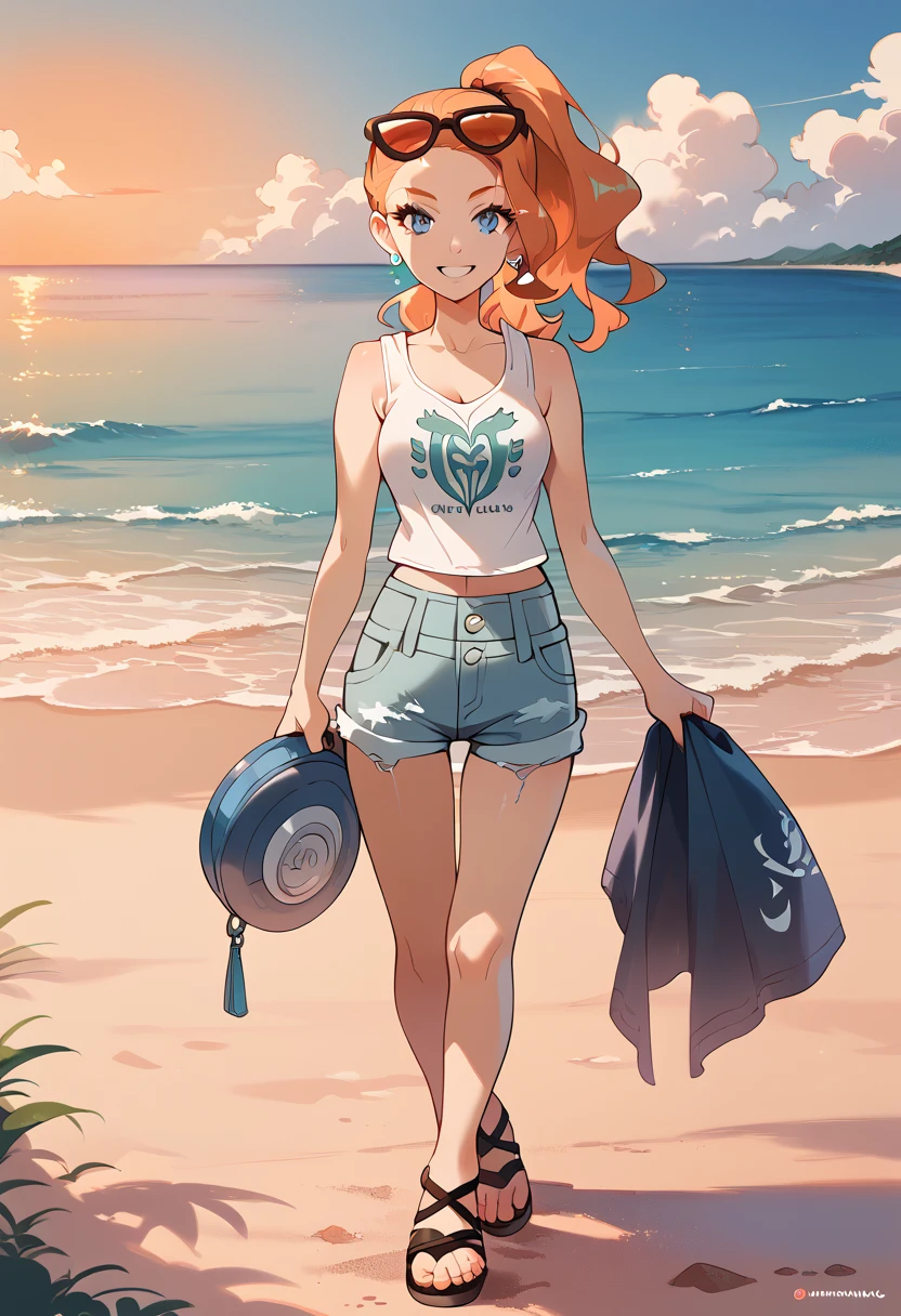 masterpiece, high definition , top quality,8k
(Sonya,orange Hair, blue Eyes )
( tank top, jean shorts, sandals)
 sunglasses over the head, beach, sunset, walking on the sand, smiling