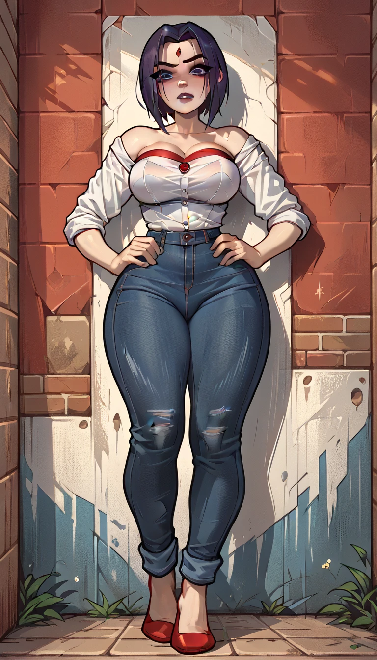 Ravenxl , blue eyes, white shirt, (  wears long light blue jeans and very tight striped red strapless blouse),  Big breasts,  , cfull body  , cunning face.full body ,hands on hips...,  roadside wall ,  lower angle, 