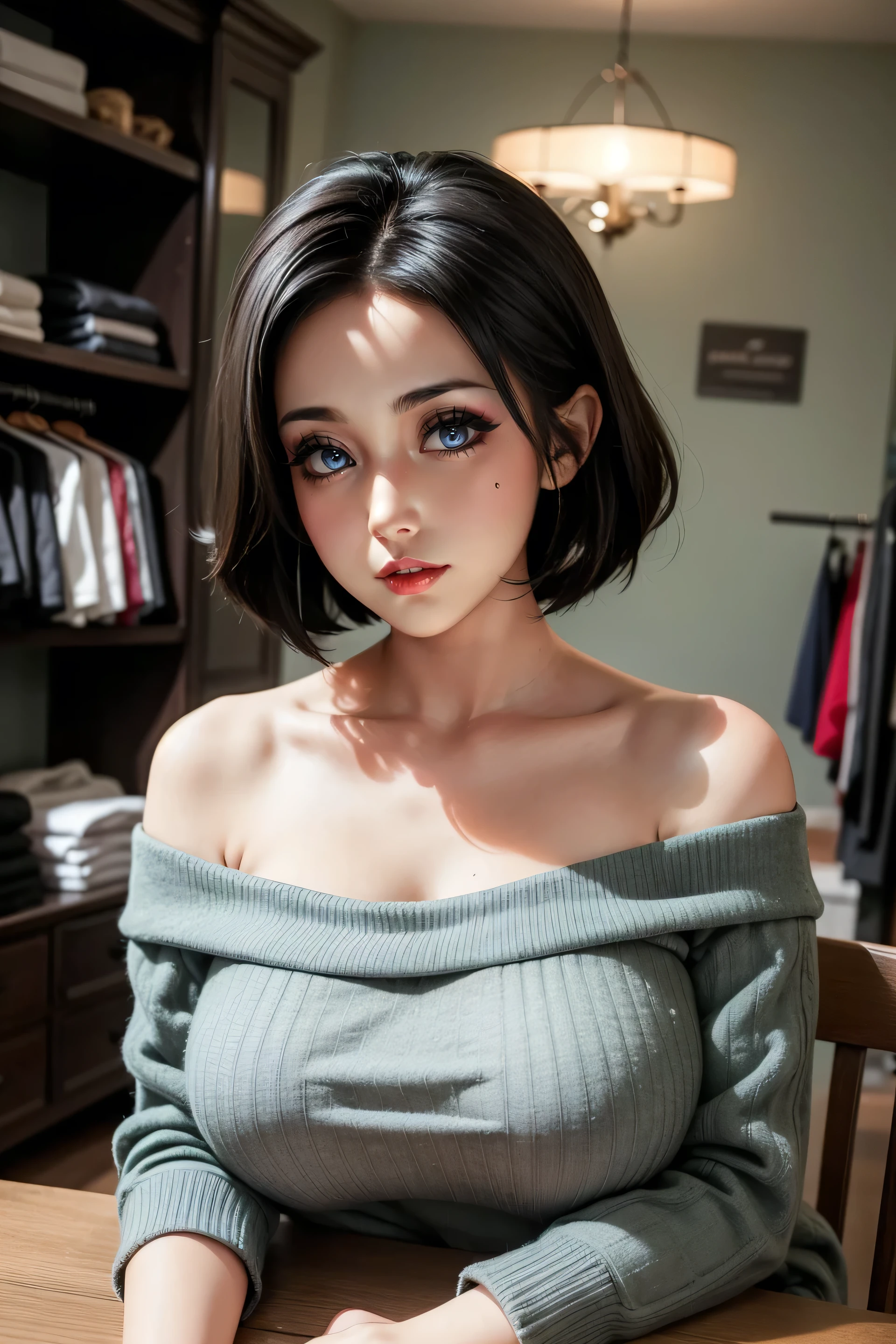 (best quality, ultra-detailed, photorealistic: 1.39), Face of naughty 35 year old teenager, Girl in love with huge breasts, bright and vibrant colors, studio lighting, beautiful detailed red off-shoulder sweater:1.2 , sensual white mini skirt, elegant makeup,lips bright, sexy pose, beautiful roses, smiling confidently and seductively, posing for a professional photo shoot, shallow depth of field, soft natural lighting, creating a dreamy and magical atmosphere. In the clothing store, beautiful store
