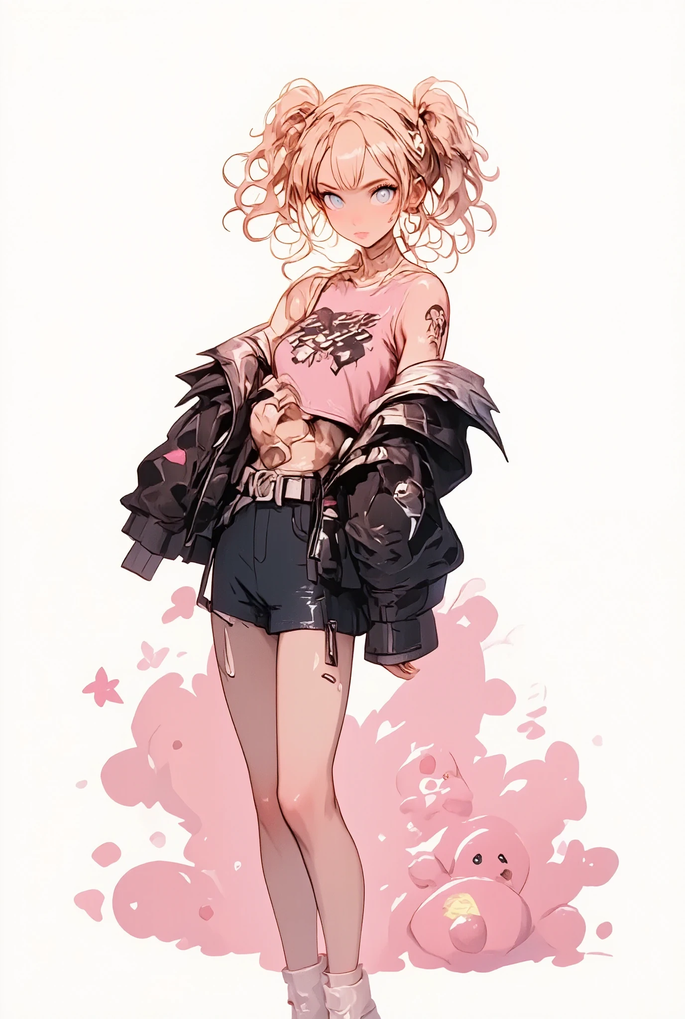  anime girl with black hair and a pink shirt with drawings of two twin pigtails, buckles on the sides of her head ,  Not suitable for work , big, light eyes, hair in the wind,  long white boots , long belt ornaments ,  cheerful and colorful background ,  and black shorts , anime  full body illustration , Chiaki Mi from Danganronpa,  Official Character Art ,  vtuber full body anime model , candy girl,  candypunk character design ,  full body individual character , Yayoi Kasuma, anime character,  full body illustration , Danganronpa digital art, chiaroscuro, UHD, Retina, masterpiece, Accurate, anatomically correct, textured skin, Super detail, high details, high quality,  award winning , best quality, highres, 1080P, HD, 16K