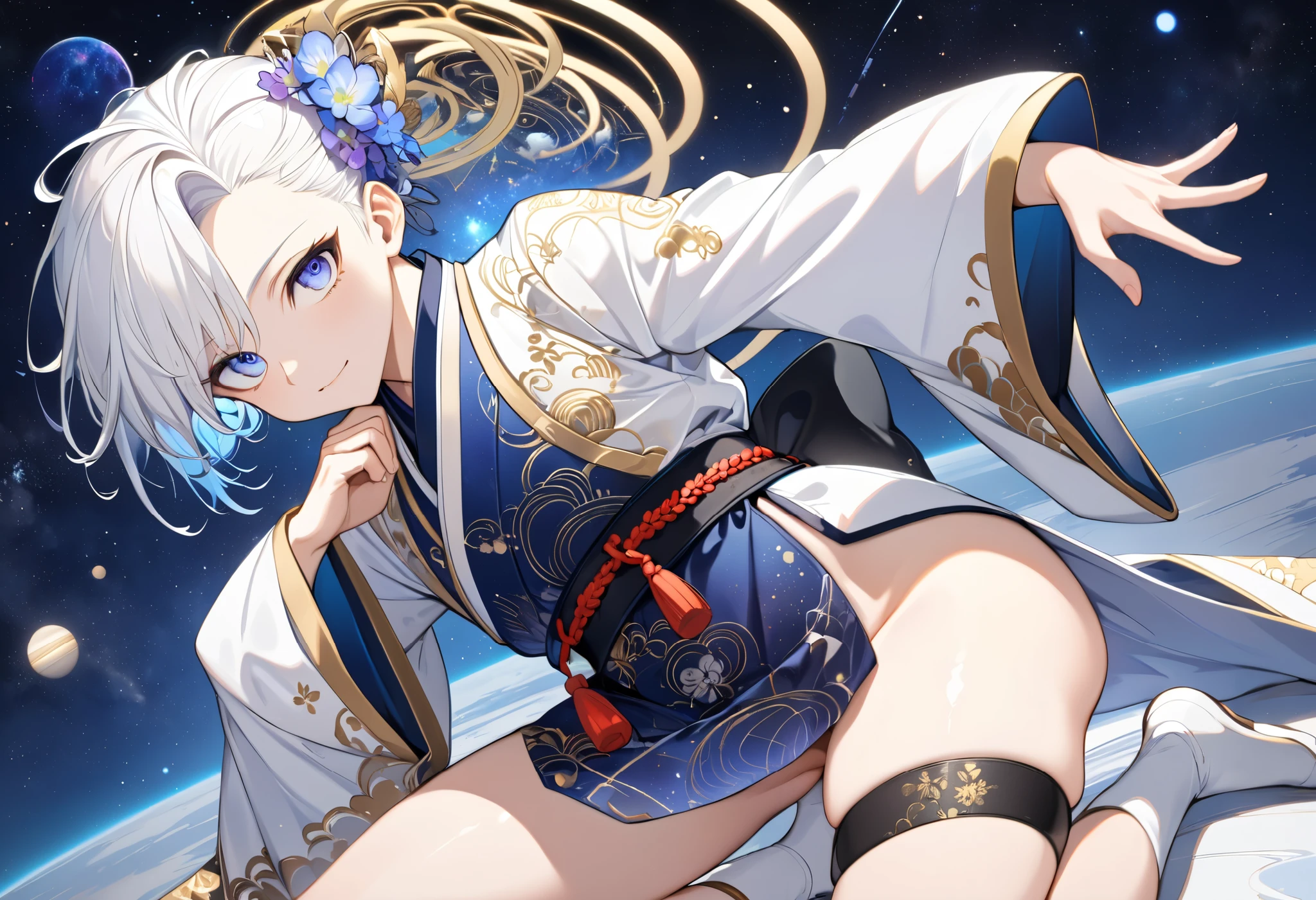 Fresh illustration,
Ultra-fine drawing,
Very delicate illustration,
Very fine details,
One boy,
Full body,
Height 158cm,
Fair skin,
Right eye is purple,
Left eye is blue,
Odd eyes,
Heterochromie iris,
Beautiful eyes,
Large black pupils,
Cleanly cut hairstyle,
Slicked back hairstyle,
Short hair,
Shiny hair,
Blue roots and white hair elsewhere,
Hair with a gradient,
Cute face,
Pretty face,
Shiny halo on the back of the head,
Raised eyebrows,
Upper body in kimono,
Upper body in traditional Japanese clothing,
Masculine build,
Six pack,
Very small breasts,
No breasts,
Lower body in Chinese dress,
Black obi,
Overall white clothes,
Tasteful embroidery with gold thread,
Clothes with a high-quality texture,
Jock straps,
Thigh straps,
Thigh straps digging into skin,
White long boots,
Japanese style toes,
Five fingers on hands and feet,
Thin waist,
Thin legs,
Isometric,
Golden ratio,
Divine atmosphere,
Wearing an indigo-colored stand-up collared inner,
Outer space,
Galaxy,
Countless small stars,
Tactical use of shadows,
Free pose,
Sexy pose,
Exposing skin,
Erotic pose,
Adult pose,
Lewd appearance,
Looking at camera,
Buttocks facing camera,
Pervert,
See-through clothes,