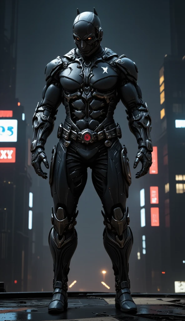 A full-body image of a muscular adult male.black leather full-body image 、and hood, Close-up of a hooded person in invisible armor . wears leather armor, Tights.epic ninja suit, rogue.Leather fit to cover the whole body. smooth leather .Boy Teenage Assassin , stealth suit , cyberpunk assassin , stand on the roof of a skyscraper. . black night . Dark atmosphere .Low light.Weak lights cast dramatic shadows. Weird cyberpunk atmosphere . cyberpunk city.Futuristic tech style,robot,mecha skin,latex bodysuit .whole body image.手持複合式機械巨弓