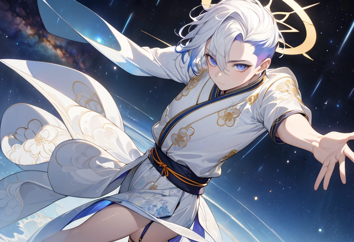 Fresh illustration,
Ultra-fine drawing,
Very delicate illustration,
Very fine details,
One boy,
Full body,
Height 158cm,
Fair skin,
Right eye is purple,
Left eye is blue,
Odd eyes,
Heterochromie iris,
Beautiful eyes,
Large black pupils,
Cleanly cut hairstyle,
Slicked back hairstyle,
Short hair,
Shiny hair,
Blue roots and white hair elsewhere,
Hair with a gradient,
Cute face,
Pretty face,
Shiny halo on the back of the head,
Raised eyebrows,
Upper body in kimono,
Upper body in traditional Japanese clothing,
Masculine build,
Six pack,
Very small breasts,
No breasts,
Lower body in Chinese dress,
Black obi,
Overall white clothes,
Tasteful embroidery with gold thread,
Clothes with a high-quality texture,
Jock straps,
Thigh straps,
Thigh straps digging into skin,
White long boots,
Japanese style toes,
Five fingers on hands and feet,
Thin waist,
Thin legs,
Isometric,
Golden ratio,
Divine atmosphere,
Wearing an indigo-colored stand-up collared inner,
Outer space,
Galaxy,
Countless small stars,
Tactical use of shadows,
Free pose,
Sexy pose,
Exposing skin,
Erotic pose,
Adult pose,
Lewd appearance,
Looking at camera,
Buttocks facing camera,
Pervert,
See-through clothes,