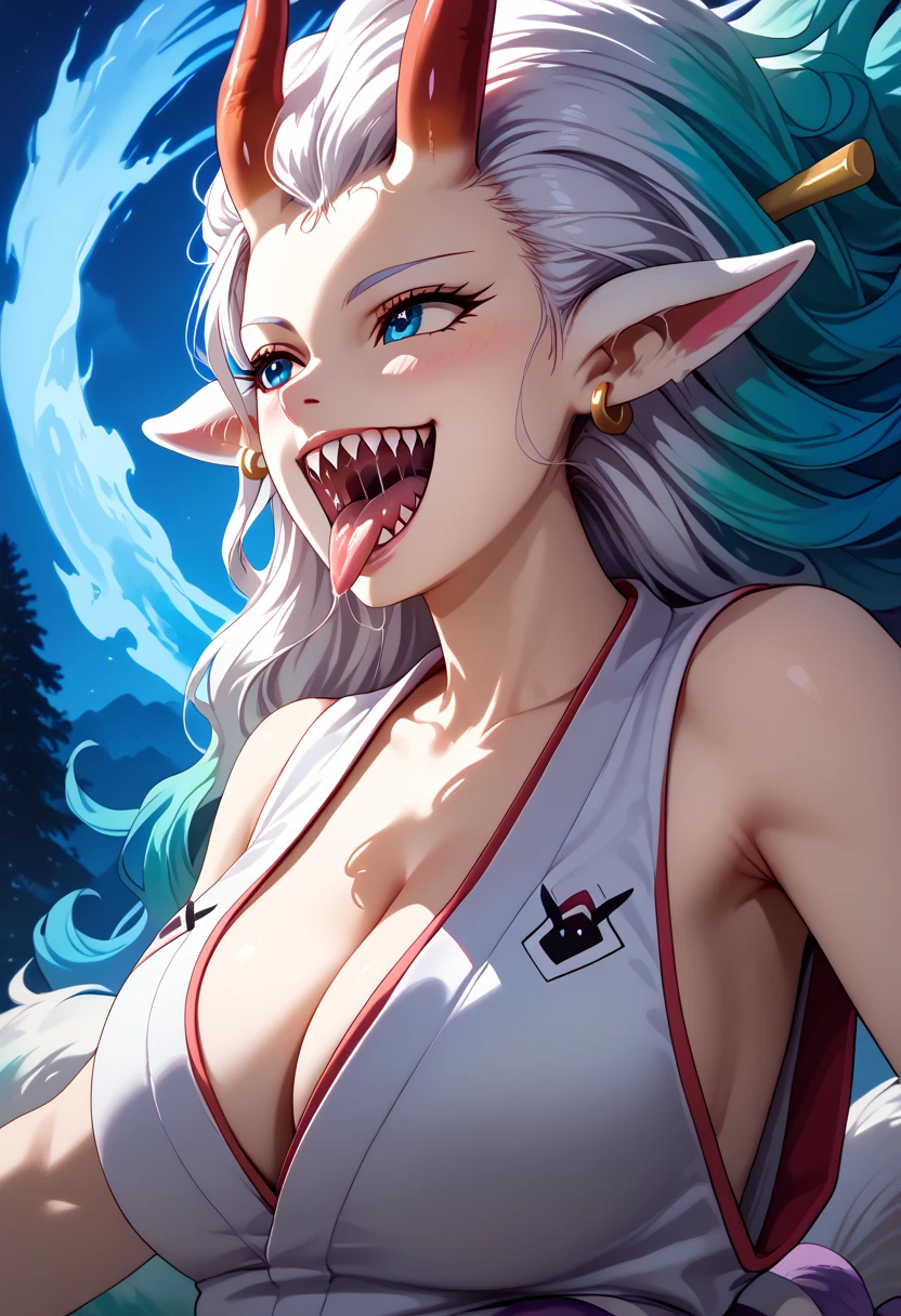 score_9, score_8_up, score_7_up, 1girl, solo, Expressiveh, (HBYamato, female wolf, youkai female, oni horns, blue eyes, white body, white fur, white hair, blue hair, two tone hair, wavy hair, earrings, white tail, blue tail, two tone tail, sharp teeth , smile, closed mouth), ((OPStyle)), close-up, white kimono, 4k, masterpiece, best quality, highly detailed, realistic, blush, open mouth, big mouth, tongue, tongue out, close up, saliva, uvula, uvula, room, mouth focus, excessive saliva, giantess, breath, saliva on tongue, side, on side, side view, looking up, hand, grabbing, fingers, ,skinny toned athletic giantess, sideview, from the side, profile, fully detailed head tilted backward, one hand held very high vertically above her lips, one hand high in the air, looking at her hand, , imminent vore, moments from being eaten, about to be eaten, about to be swallowed, about to be devoured, giantess holding with two fingers, dangling a small person from her forefinger and thumb, mouth open extremely wide, opening her mouth very wide, huge mouth, detailed teeth, (detailed uvula), saliva strands, spittle, forest, night, breasts, cleavage, head up, looking down, wide mouth,
