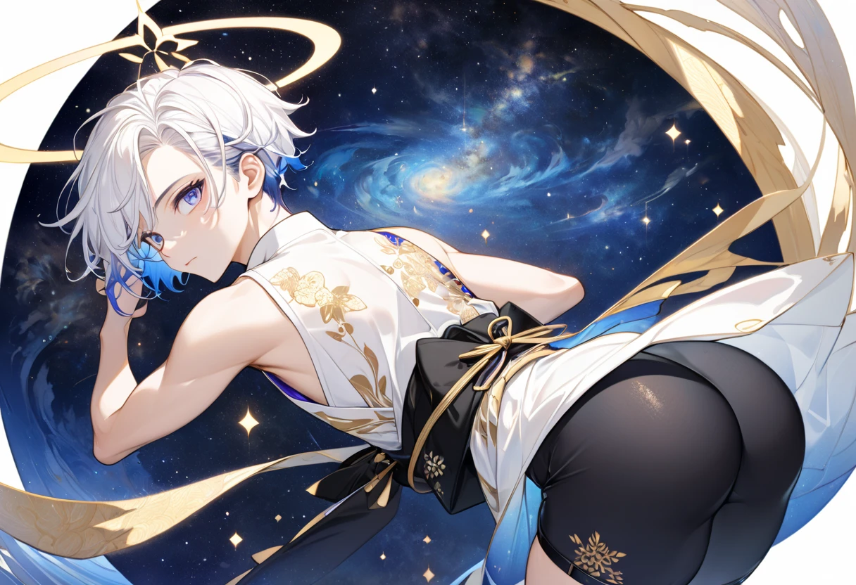 Fresh illustration,
Ultra-fine drawing,
Very delicate illustration,
Very fine details,
One boy,
Full body,
Height 158cm,
Fair skin,
Right eye is purple,
Left eye is blue,
Odd eyes,
Heterochromie iris,
Beautiful eyes,
Large black pupils,
Cleanly cut hairstyle,
Slicked back hairstyle,
Short hair,
Shiny hair,
Blue roots and white hair elsewhere,
Hair with a gradient,
Cute face,
Pretty face,
Shiny halo on the back of the head,
Raised eyebrows,
Upper body in kimono,
Upper body in traditional Japanese clothing,
Masculine build,
Six pack,
Very small breasts,
No breasts,
Lower body in Chinese dress,
Black obi,
Overall white clothes,
Tasteful embroidery with gold thread,
Clothes with a high-quality texture,
Jock straps,
Thigh straps,
Thigh straps digging into skin,
White long boots,
Japanese style toes,
Five fingers on hands and feet,
Thin waist,
Thin legs,
Isometric,
Golden ratio,
Divine atmosphere,
Wearing an indigo-colored stand-up collared inner,
Outer space,
Galaxy,
Countless small stars,
Tactical use of shadows,
Free pose,
Sexy pose,
Exposing skin,
Erotic pose,
Adult pose,
Lewd appearance,
Looking at camera,
Buttocks facing camera,
Pervert,
See-through clothes,