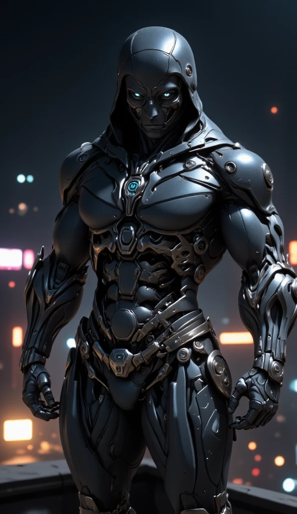 A full-body image of a muscular adult male.black leather full-body image 、and hood, Close-up of a hooded person in invisible armor . wears leather armor, Tights.epic ninja suit, rogue.Leather fit to cover the whole body. smooth leather .Boy Teenage Assassin , stealth suit , cyberpunk assassin , stand on the roof of a skyscraper. . black night . Dark atmosphere .Low light.Weak lights cast dramatic shadows. Weird cyberpunk atmosphere . cyberpunk city.Futuristic tech style,robot,mecha skin,latex bodysuit .whole body image.手持複合式機械巨弓