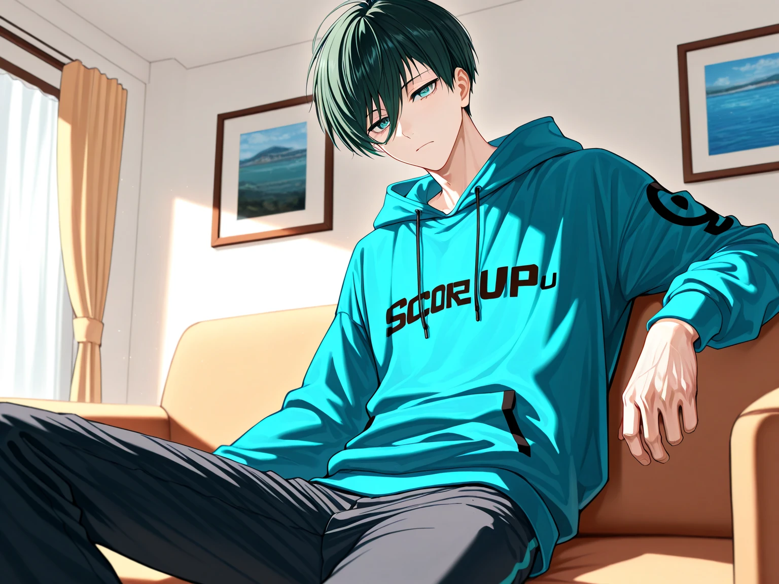 (masterpiece, best quality), amazing quality, very aesthetic, absurdres, highres, newest, HDR, 8K, extremely detailed face and eyes, male focus, 1boy, closed mouth, Itoshi Rin, Blue Lock, dark green hair, teal eyes, underlashes, short hair, sexy man, handsome, blue hoodie, pants, solo, modern_bg, cozy, living room, sitting on couch, table