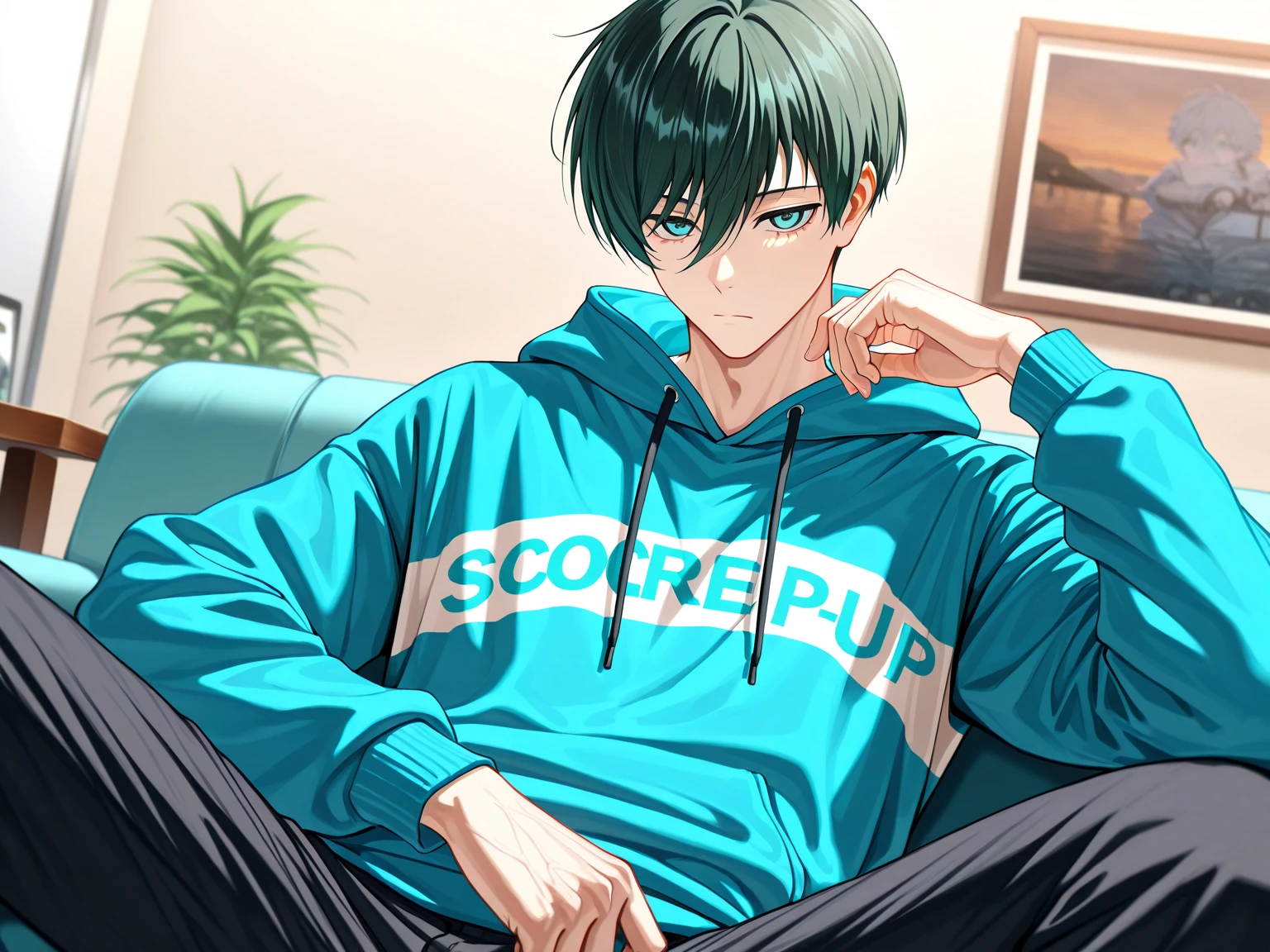 (masterpiece, best quality), amazing quality, very aesthetic, absurdres, highres, newest, HDR, 8K, extremely detailed face and eyes, male focus, 1boy, closed mouth, Itoshi Rin, Blue Lock, dark green hair, teal eyes, underlashes, short hair, sexy man, handsome, blue hoodie, pants, solo, modern_bg, cozy, living room, sitting on couch, table