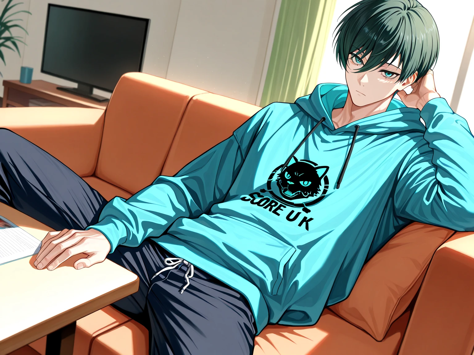 (masterpiece, best quality), amazing quality, very aesthetic, absurdres, highres, newest, HDR, 8K, extremely detailed face and eyes, male focus, 1boy, closed mouth, Itoshi Rin, Blue Lock, dark green hair, teal eyes, underlashes, short hair, sexy man, handsome, blue hoodie, pants, solo, modern_bg, cozy, living room, sitting on couch, table