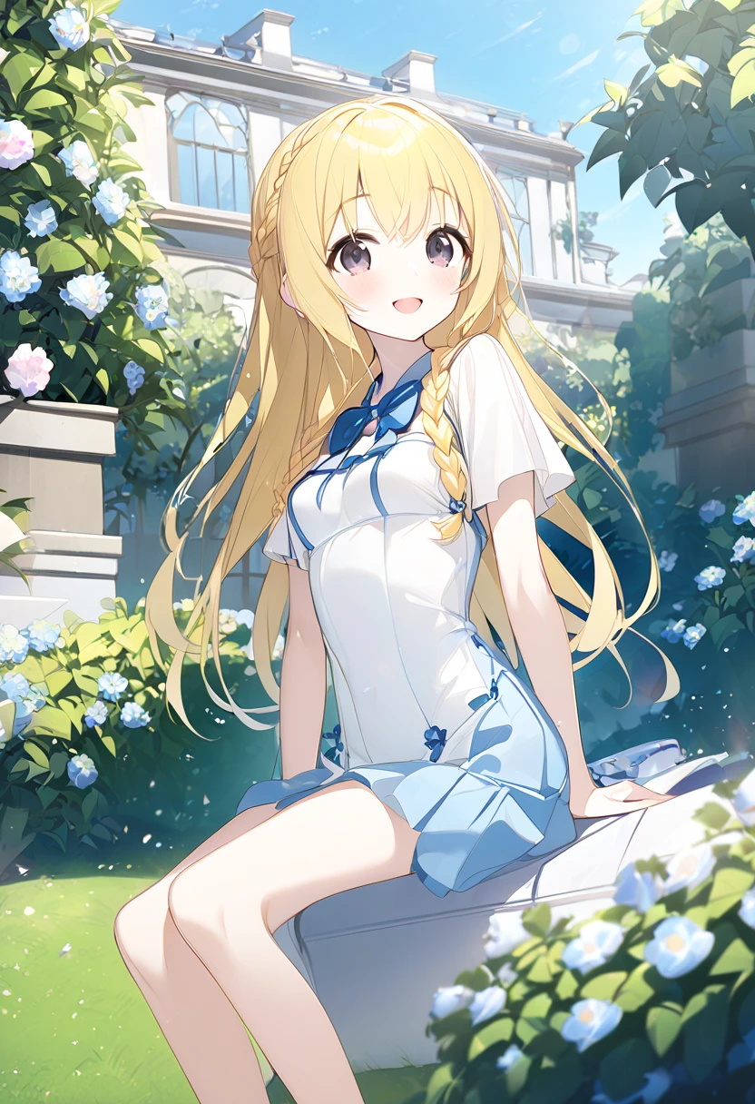  Masterpiece、 very young girl 、 Extremely small bust 、 slender body、Thin legs、 dark eyes、Bright yellow long hair、 braid long hair、Light blue clothes、feet、 blue sky、 Mansion garden、Fun Expressions、smile、A little blush