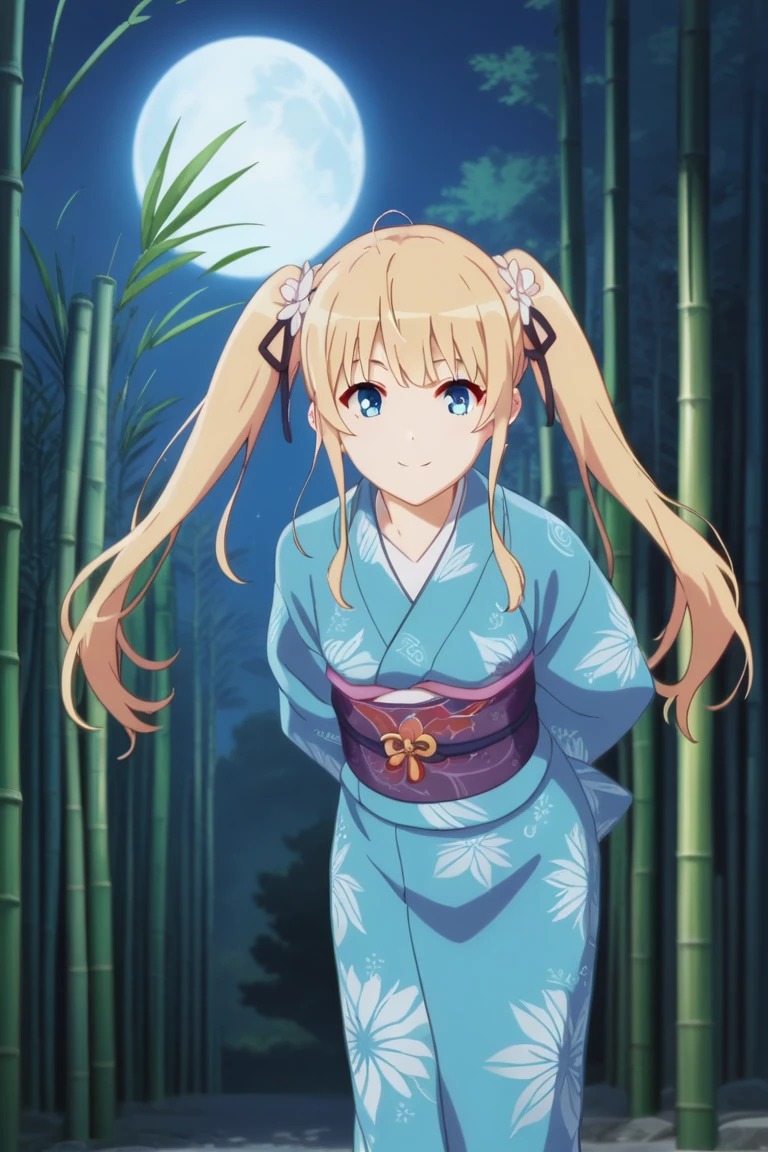 1girl,Eriri blonde hair,blue eyes,sawamura spencer eriri,long hair, small breast, twintails,black ribbon,     High Resolution, Masterpiece, High Quality,  anime screencap,  takeda hiromitsu style,         1girl, solo, looking at viewer, hair ornament, yukata, kimono, print kimono, japanese clothes, hair flower, outdoors, (bamboo forest), full moon, night, wind, arms behind back, obi, fireflies, leaning forward, closed mouth, smile