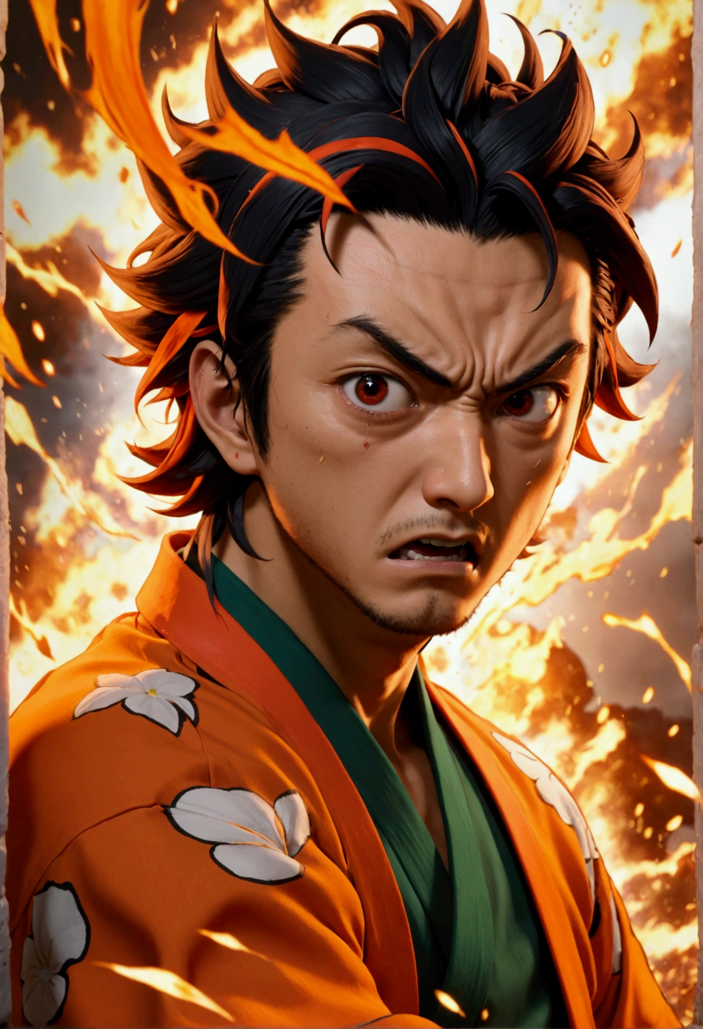 Tanjiro is fighting for the last time, Close-up photo , he is angry,  Realistic Portrait , 8k, Perfection,   Virtual Reality . Orange shirt