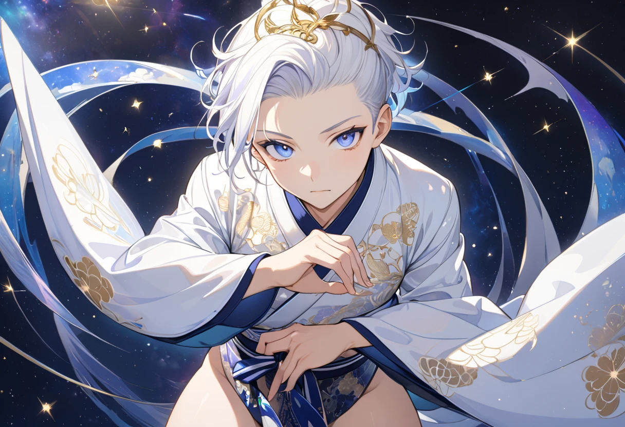 Fresh illustration,
Ultra-fine drawing,
Very delicate illustration,
Very fine details,
One boy,
Full body,
Height 158cm,
Fair skin,
Right eye is purple,
Left eye is blue,
Odd eyes,
Heterochromie iris,
Beautiful eyes,
Large black pupils,
Cleanly cut hairstyle,
Slicked back hairstyle,
Short hair,
Shiny hair,
Blue roots and white hair elsewhere,
Hair with a gradient,
Cute face,
Pretty face,
Shiny halo on the back of the head,
Raised eyebrows,
Upper body in kimono,
Upper body in traditional Japanese clothing,
Masculine build,
Six pack,
Very small breasts,
No breasts,
Lower body in Chinese dress,
Black obi,
Overall white clothes,
Tasteful embroidery with gold thread,
Clothes with a high-quality texture,
Jock straps,
Thigh straps,
Thigh straps digging into skin,
White long boots,
Japanese style toes,
Five fingers on hands and feet,
Thin waist,
Thin legs,
Isometric,
Golden ratio,
Divine atmosphere,
Wearing an indigo-colored stand-up collared inner,
Outer space,
Galaxy,
Countless small stars,
Tactical use of shadows,
Free pose,
Sexy pose,
Exposing skin,
Erotic pose,
Adult pose,
Lewd appearance,
Looking at camera,
Buttocks facing camera,
Pervert,
See-through clothes,