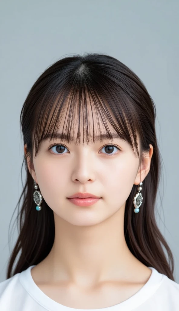  1 girl、Photo Mapping、Physically based rendering、 high image quality、 high res、1080P、( beautiful faces)、(Detailed description of the face)、( Detailed description of the hand setter&#39;Muscle area)、( CG in detail)、 rich details 、( Stunning Features :1.35)、( detail eyes)、 of cute ladies are looking forward to your eyes、Delicate clavicle、 Various Poses、 very realistic and detailed upper body portrait of a young woman。The skin is beautiful、 soft light reflecting high on her cheeks .、 Tiny pores and hair follicles、 You can see even the thinnest blood vessels 。The skin is smooth、natural flushing of cheeks 、Healthy glow。 The eyes are large and clear blue、Her iris has fine patterning、 Light is reflecting and shining in the eye。 There is a slight shadow under her eye 、 Her eyelashes are long and naturally curled。 her lips are soft pink 、Smooth texture with a natural glow、 Slightly reflects light。  the woman wears a simple white top  .、 background is pale black and white gradation .、 The focus is entirely on the face and upper body。 Realistic shadows and textures、 picture-like depiction.。
