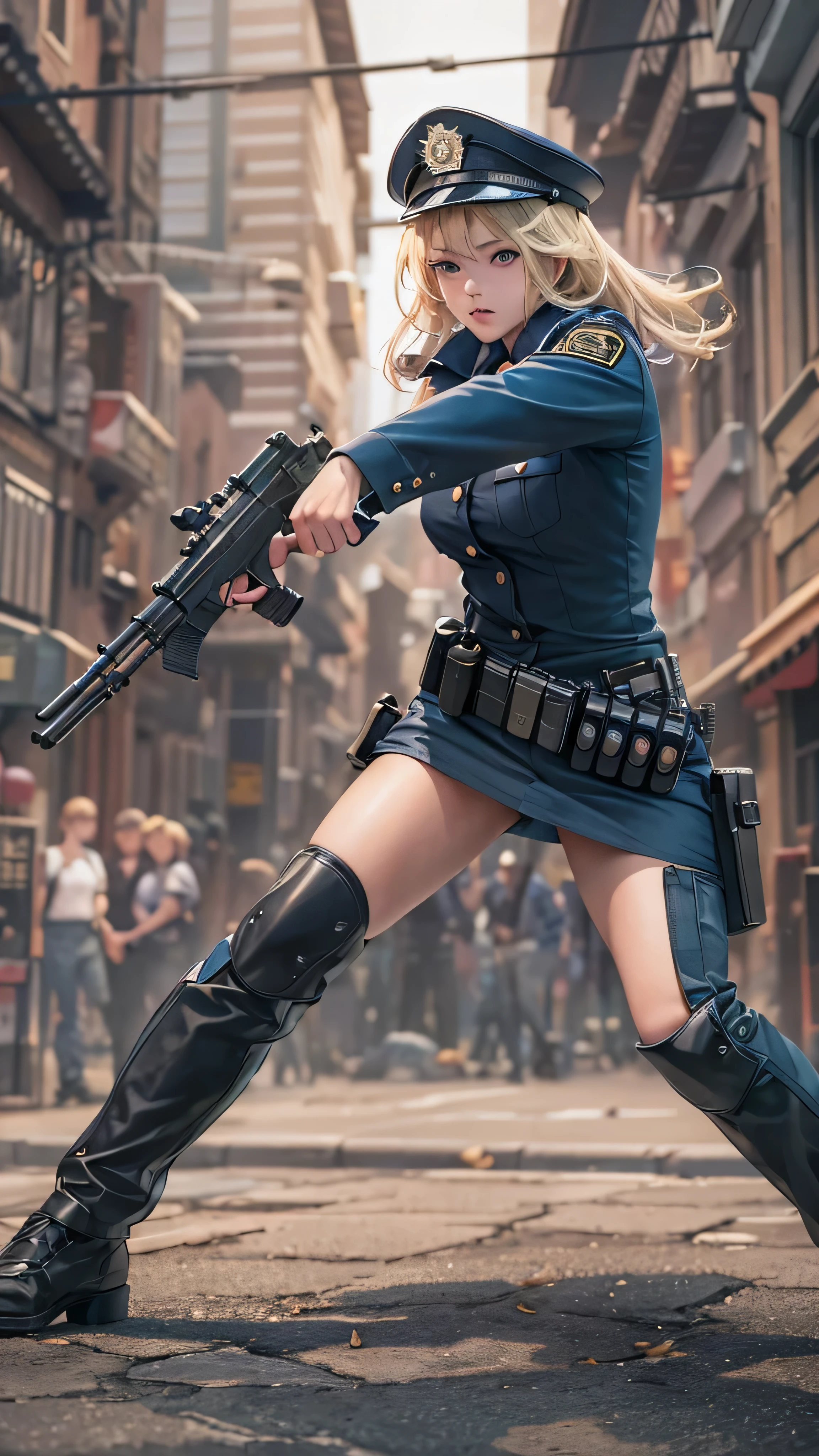  in high-definition images，Strange resolution ,  high res, (masterpiece: 1.4),  super detailed , Blond haired young woman dressed as a police officer, Street Fight ,  sticks out in front of her body and shoots a machine gun。