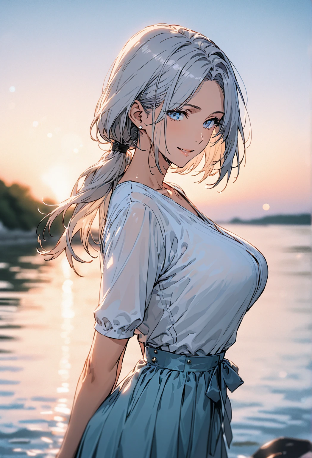 Tatiana Cartien, masterpiece, best quality, ultra-detailed, 8K, solo, alone, mature woman, adult woman, calm, elegant, beautiful, busty housewife, silver hair, loose ponytail, ponytail over her shoulder, parted bangs, light blue eyes, wearing a casual outfit, standing, summer, blue sky, blue water, river, cinematic depth of field, bokeh, wearing a top and midi skirt, close mouth, sweet smile, looking gently at the viewer, both hands and arms are behind her back, standing, 