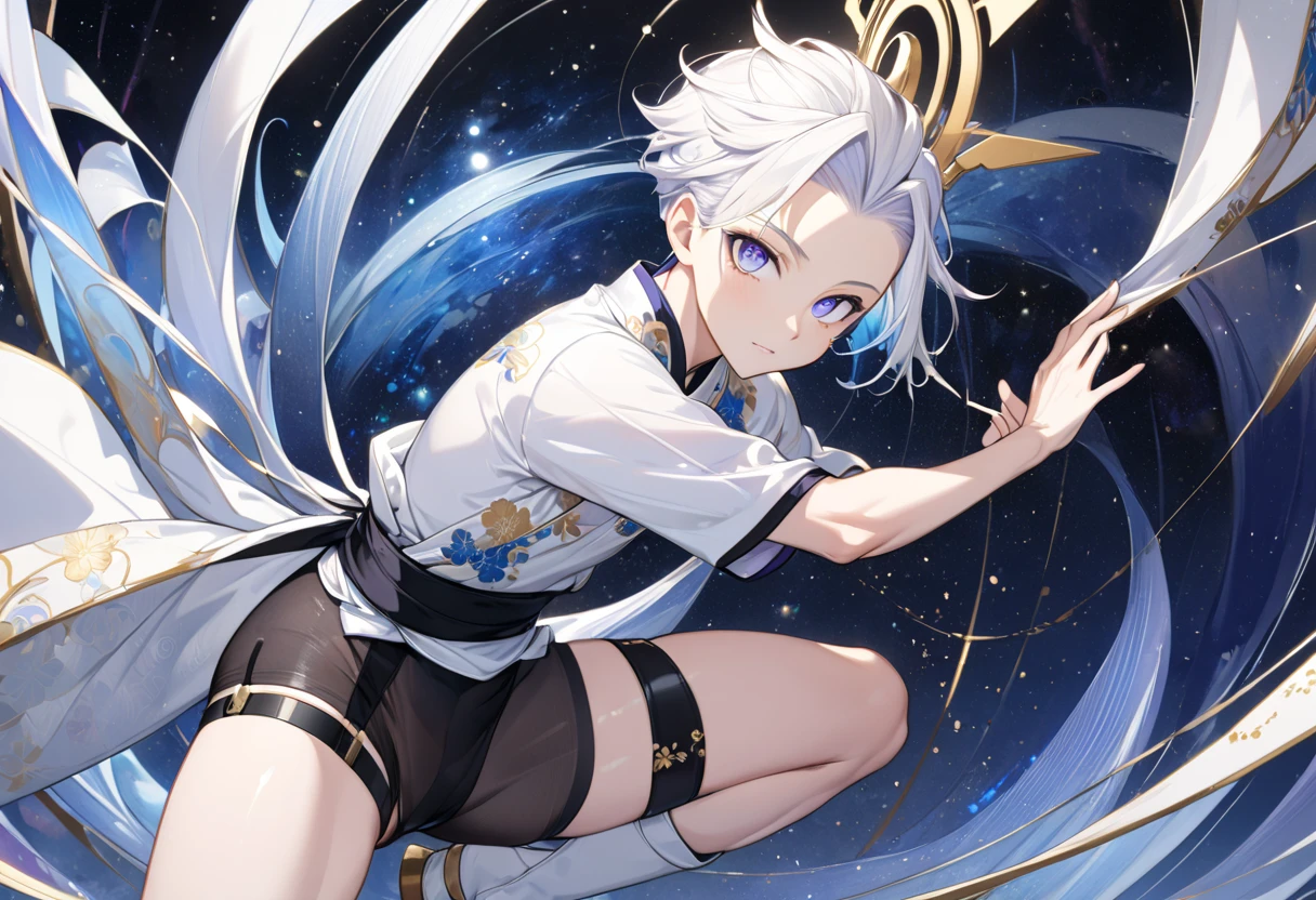 Fresh illustration,
Ultra-fine drawing,
Very delicate illustration,
Very fine details,
One boy,
Full body,
Height 158cm,
Fair skin,
Right eye is purple,
Left eye is blue,
Odd eyes,
Heterochromie iris,
Beautiful eyes,
Large black pupils,
Cleanly cut hairstyle,
Slicked back hairstyle,
Short hair,
Shiny hair,
Blue roots and white hair elsewhere,
Hair with a gradient,
Cute face,
Pretty face,
Shiny halo on the back of the head,
Raised eyebrows,
Upper body in kimono,
Upper body in traditional Japanese clothing,
Masculine build,
Six pack,
Very small breasts,
No breasts,
Lower body in Chinese dress,
Black obi,
Overall white clothes,
Tasteful embroidery with gold thread,
Clothes with a high-quality texture,
Jock straps,
Thigh straps,
Thigh straps digging into skin,
White long boots,
Japanese style toes,
Five fingers on hands and feet,
Thin waist,
Thin legs,
Isometric,
Golden ratio,
Divine atmosphere,
Wearing an indigo-colored stand-up collared inner,
Outer space,
Galaxy,
Countless small stars,
Tactical use of shadows,
Free pose,
Sexy pose,
Exposing skin,
Erotic pose,
Adult pose,
Lewd appearance,
Looking at camera,
Buttocks facing camera,
Pervert,
See-through clothes,