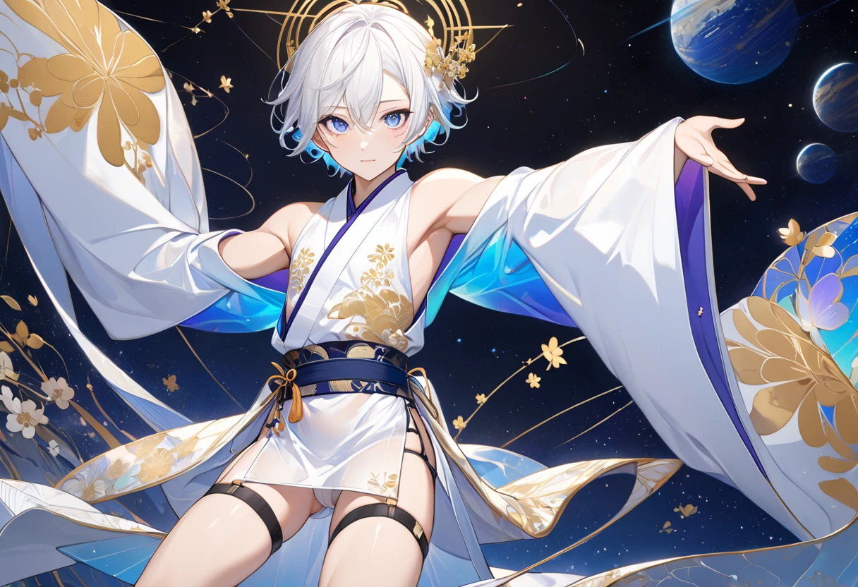 Fresh illustration,
Ultra-fine drawing,
Very delicate illustration,
Very fine details,
One boy,
Full body,
Height 158cm,
Fair skin,
Right eye is purple,
Left eye is blue,
Odd eyes,
Heterochromie iris,
Beautiful eyes,
Large black pupils,
Cleanly cut hairstyle,
Slicked back hairstyle,
Short hair,
Shiny hair,
Blue roots and white hair elsewhere,
Hair with a gradient,
Cute face,
Pretty face,
Shiny halo on the back of the head,
Raised eyebrows,
Upper body in kimono,
Upper body in traditional Japanese clothing,
Masculine build,
Six pack,
Very small breasts,
No breasts,
Lower body in Chinese dress,
Black obi,
Overall white clothes,
Tasteful embroidery with gold thread,
Clothes with a high-quality texture,
Jock straps,
Thigh straps,
Thigh straps digging into skin,
White long boots,
Japanese style toes,
Five fingers on hands and feet,
Thin waist,
Thin legs,
Isometric,
Golden ratio,
Divine atmosphere,
Wearing an indigo-colored stand-up collared inner,
Outer space,
Galaxy,
Countless small stars,
Tactical use of shadows,
Free pose,
Sexy pose,
Exposing skin,
Erotic pose,
Adult pose,
Lewd appearance,
Looking at camera,
Buttocks facing camera,
Pervert,
See-through clothes,