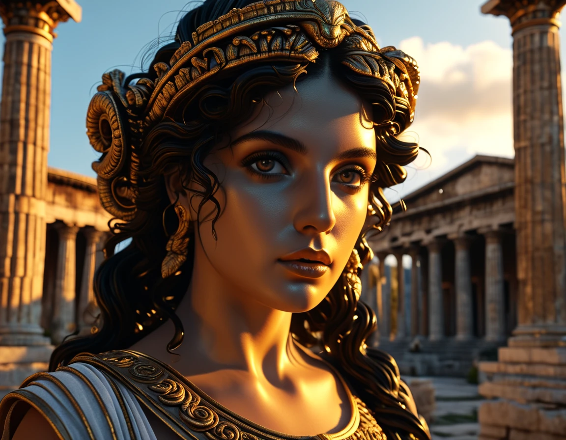 midjourney, medusa, ultra realistic, ancient greek temple, rome, detailed face, beautiful detailed eyes, beautiful detailed lips, extremely detailed eyes and face, long eyelashes, hyper realistic, 8k, photorealistic, masterpiece, intricate details, chiaroscuro lighting, dramatic lighting, cinematic, epic scale, ornate architecture, ionic columns, marble, stone, lush foliage, dramatic clouds, golden hour