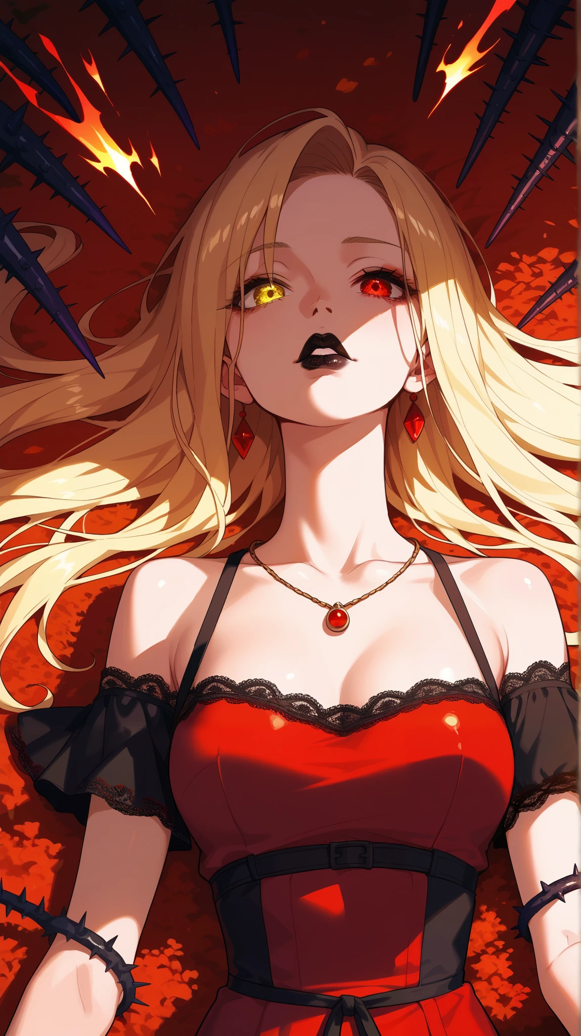 masterpiece, Highest quality, (Focus Only), (High detail:1.1), (Ultra-detailed eyes), dramatic, 1 Female, (Pale skin), Long blonde hair, (Red Iris), Focus on the individual, Long Hair, moon, night, Red Bikini, Pouting, Detailed Background, Large Breasts,Art by artgerm, Cinema Lighting, Red Rose, fashion