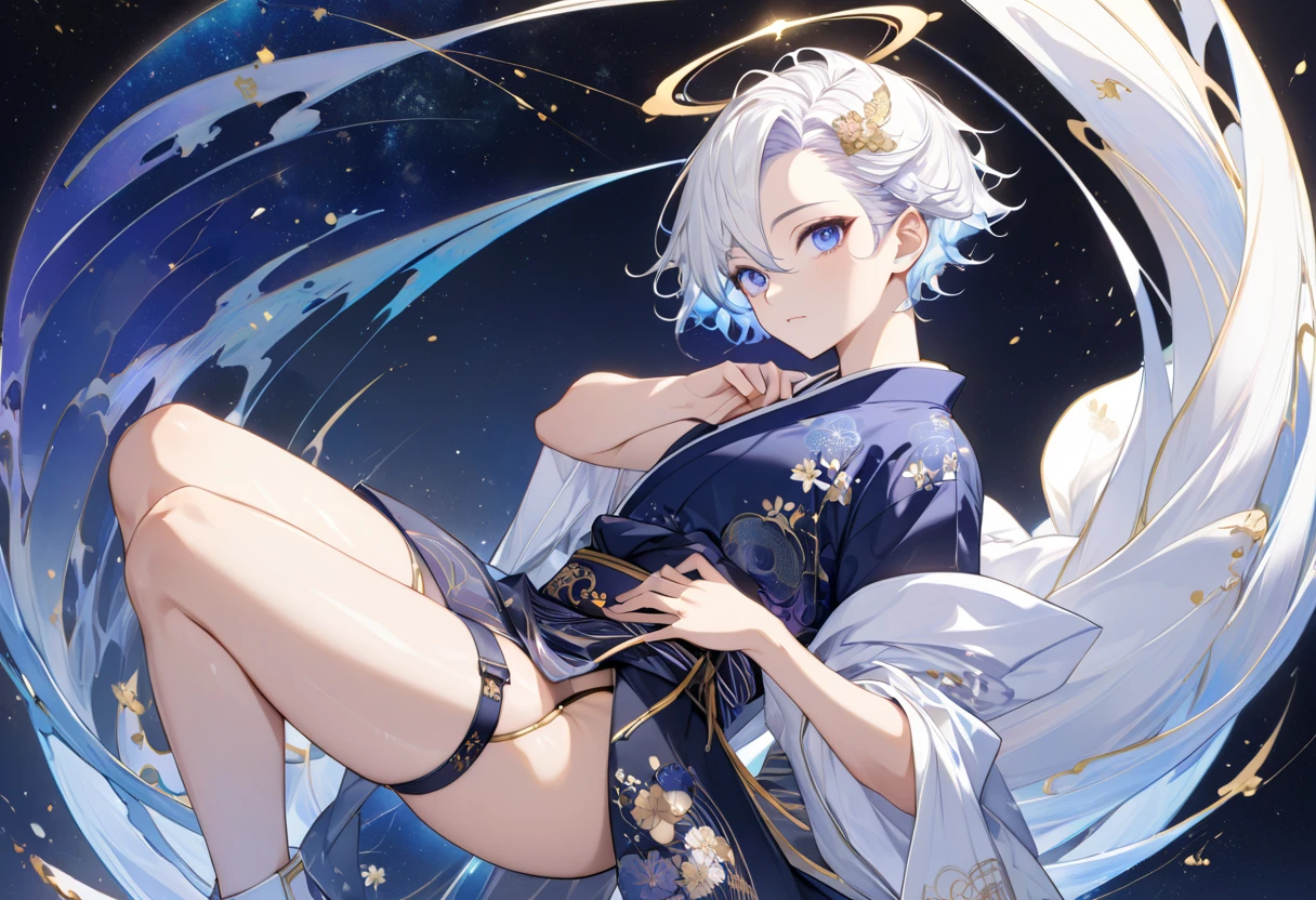 Fresh illustration,
Ultra-fine drawing,
Very delicate illustration,
Very fine details,
One boy,
Full body,
Height 158cm,
Fair skin,
Right eye is purple,
Left eye is blue,
Odd eyes,
Heterochromie iris,
Beautiful eyes,
Large black pupils,
Cleanly cut hairstyle,
Slicked back hairstyle,
Short hair,
Shiny hair,
Blue roots and white hair elsewhere,
Hair with a gradient,
Cute face,
Pretty face,
Shiny halo on the back of the head,
Raised eyebrows,
Upper body in kimono,
Upper body in traditional Japanese clothing,
Masculine build,
Six pack,
Very small breasts,
No breasts,
Lower body in Chinese dress,
Black obi,
Overall white clothes,
Tasteful embroidery with gold thread,
Clothes with a high-quality texture,
Jock straps,
Thigh straps,
Thigh straps digging into skin,
White long boots,
Japanese style toes,
Five fingers on hands and feet,
Thin waist,
Thin legs,
Isometric,
Golden ratio,
Divine atmosphere,
Wearing an indigo-colored stand-up collared inner,
Outer space,
Galaxy,
Countless small stars,
Tactical use of shadows,
Free pose,
Sexy pose,
Exposing skin,
Erotic pose,
Adult pose,
Lewd appearance,
Looking at camera,
Buttocks facing camera,
Pervert,
See-through clothes,