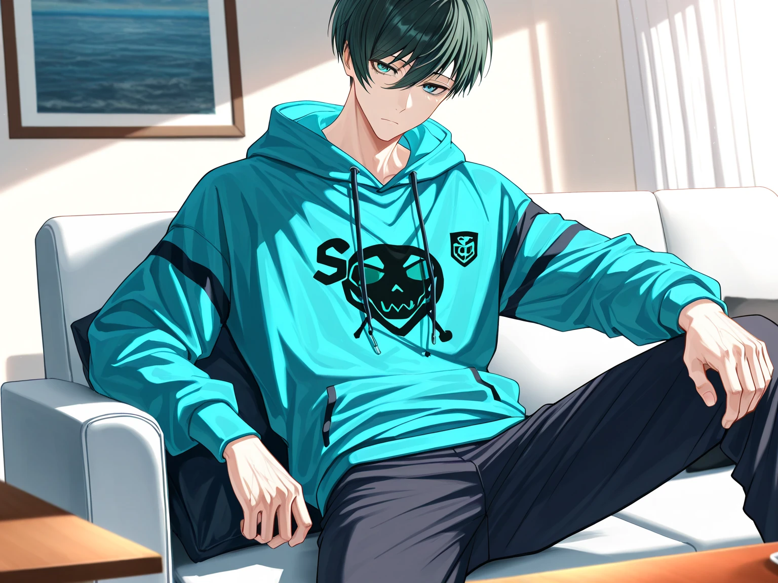 (masterpiece, best quality), amazing quality, very aesthetic, absurdres, highres, newest, HDR, 8K, extremely detailed face and eyes, male focus, 1boy, closed mouth, Itoshi Rin, Blue Lock, dark green hair, teal eyes, underlashes, short hair, sexy man, handsome, blue hoodie, pants, solo, modern_bg, cozy, living room, sitting on couch, table